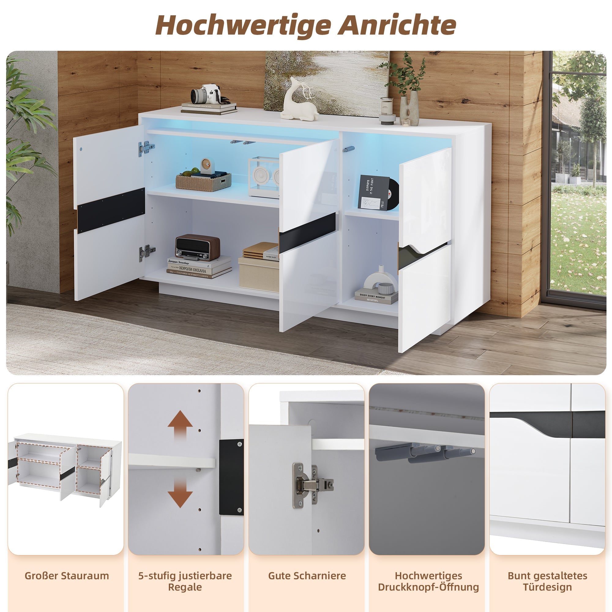 Logidon Sideboard 140x40x76 Cm White Black With 3 Doors LED
