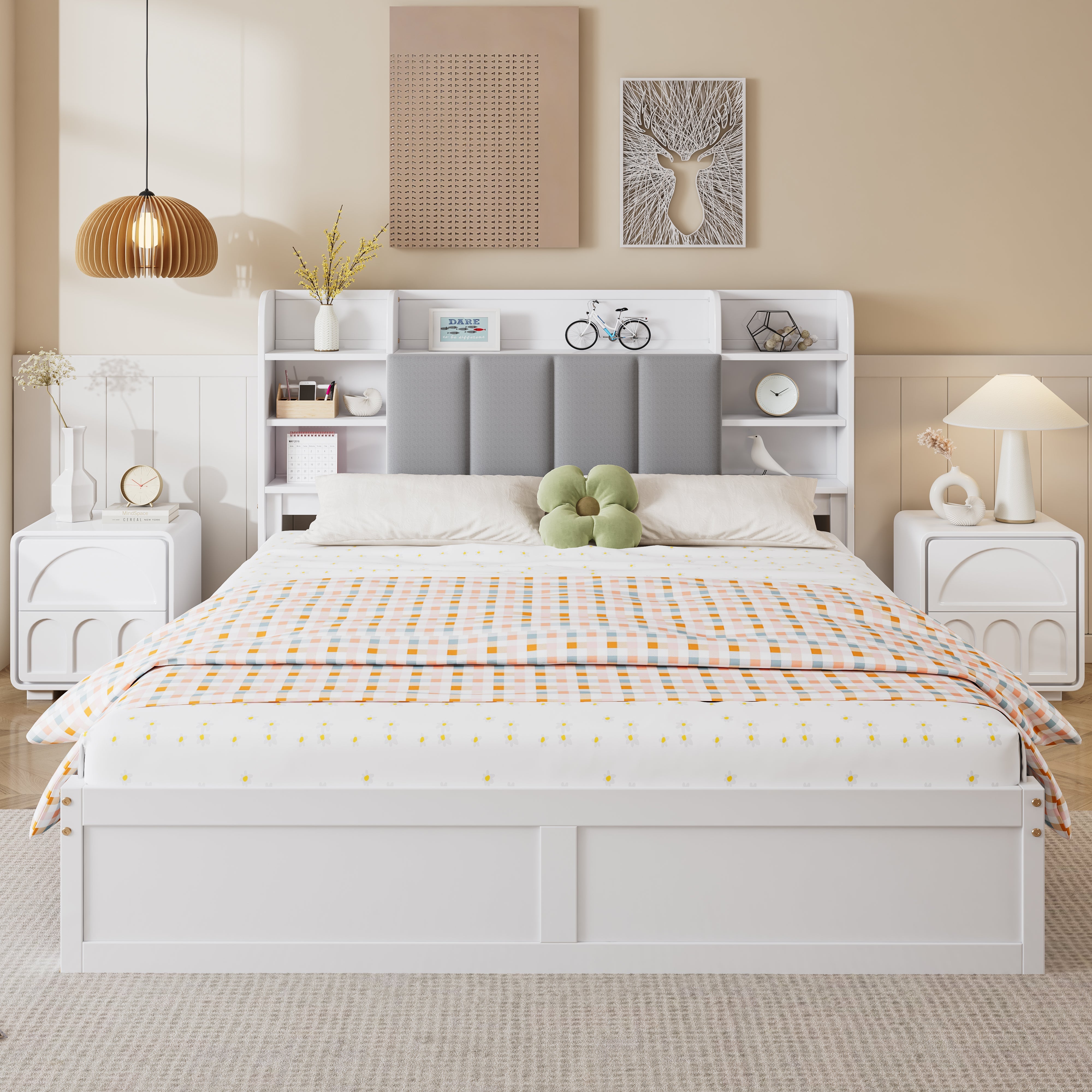 Logidon tweepersoonsbed 160x200 witgrijs, open plank en drie lades