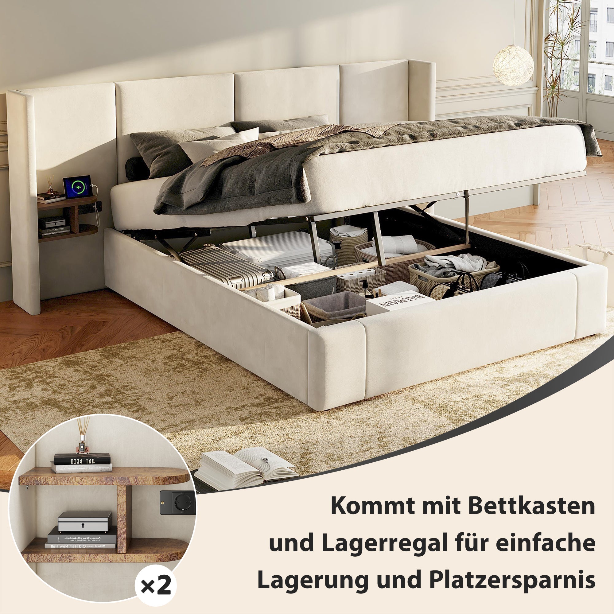 Logidon gestoffeerd bed 160x200 beige fluweel met USB-aansluitingen opbergruimte
