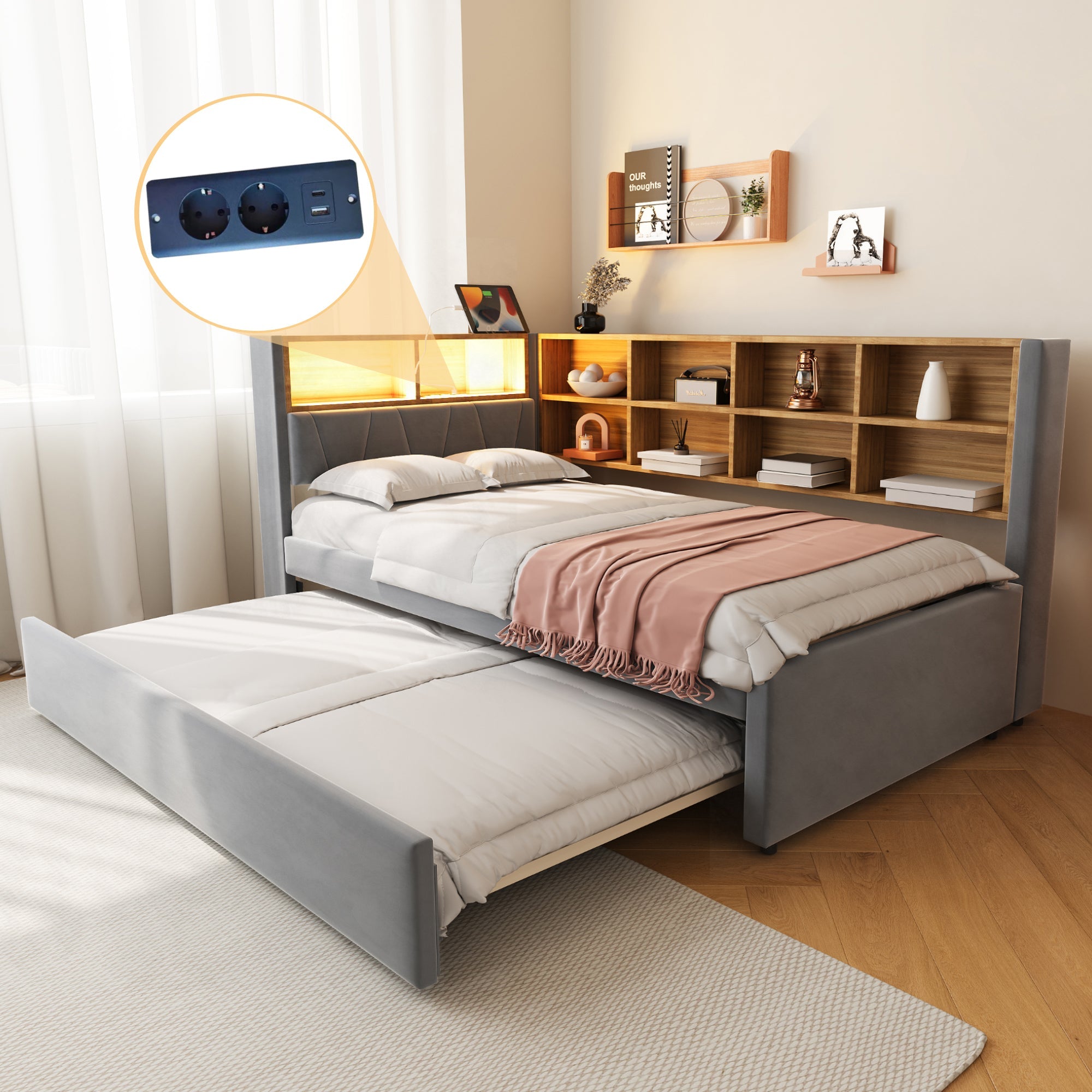 Logidon slaapbank 90x200 met uitschuifbaar bed 90x190 LED-verlichting