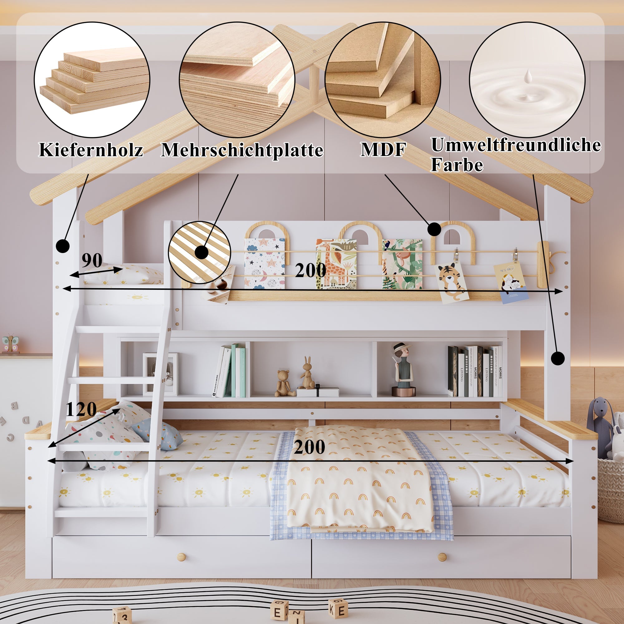 Logidon stapelbed wit naturel 90x200cm en 120x200cm twee lades