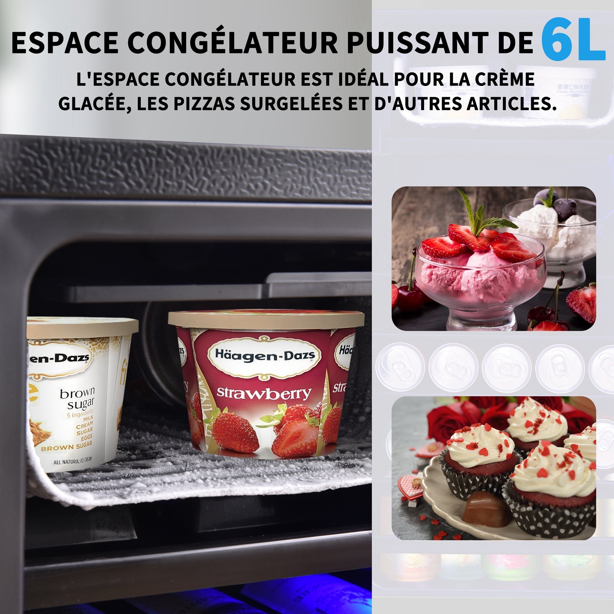 Logidon 76L minikoelkast Zwart 70L koelgedeelte, 6L vriesgedeelte, LED