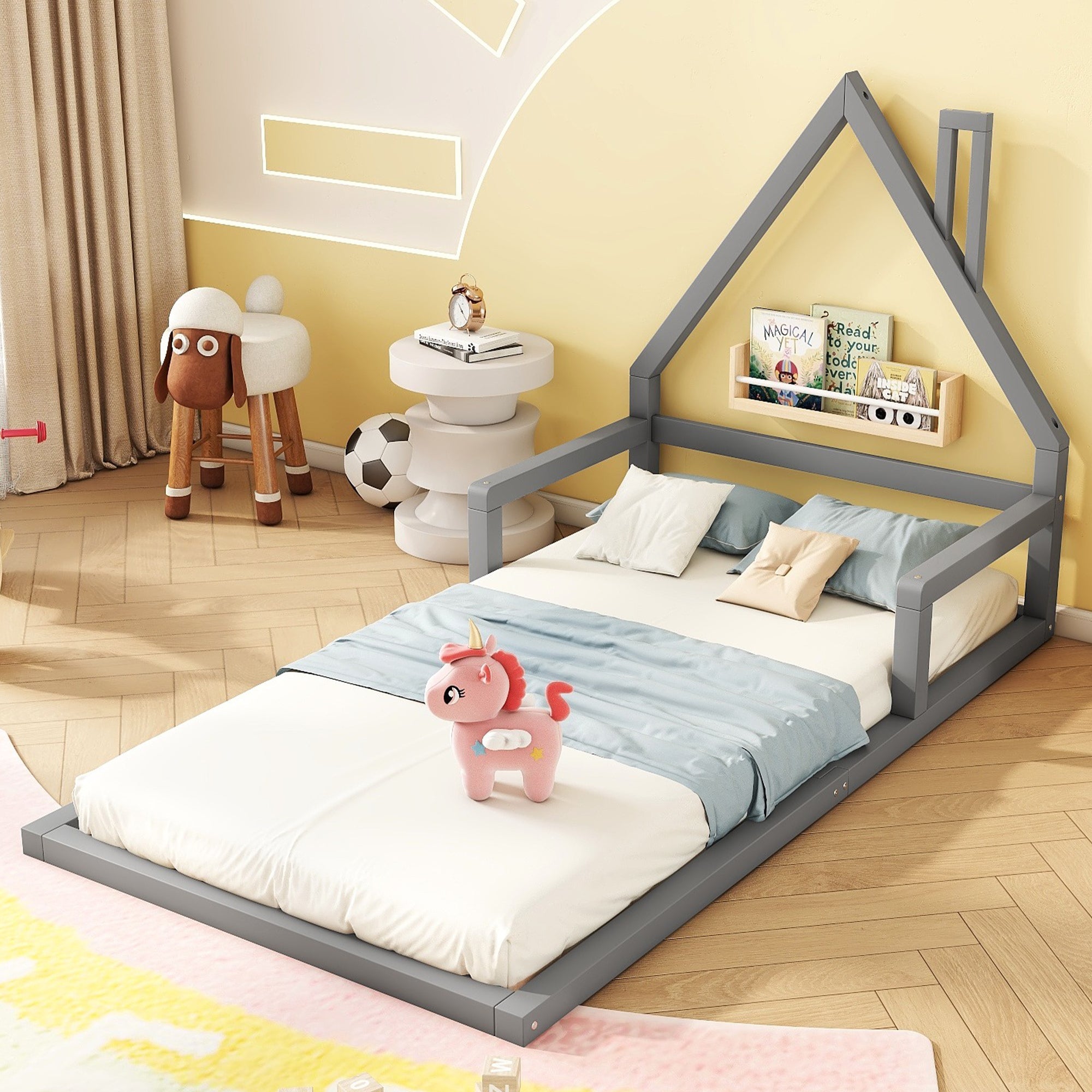 Logidon children's bed 90x200 cm flat bed house shape gray solid wood