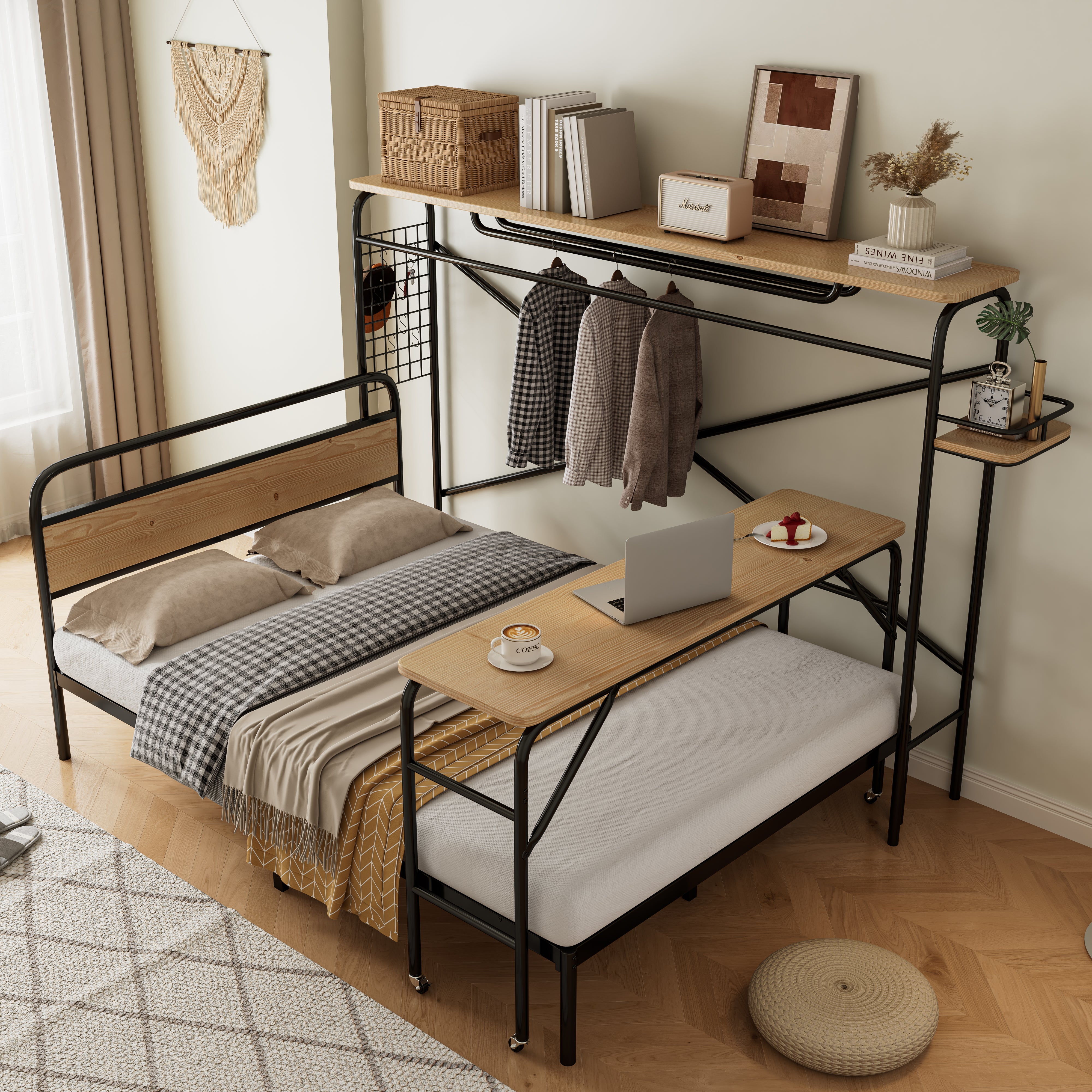 Logidon metalen bed 140x200 met tafelkapstok zwart naturel