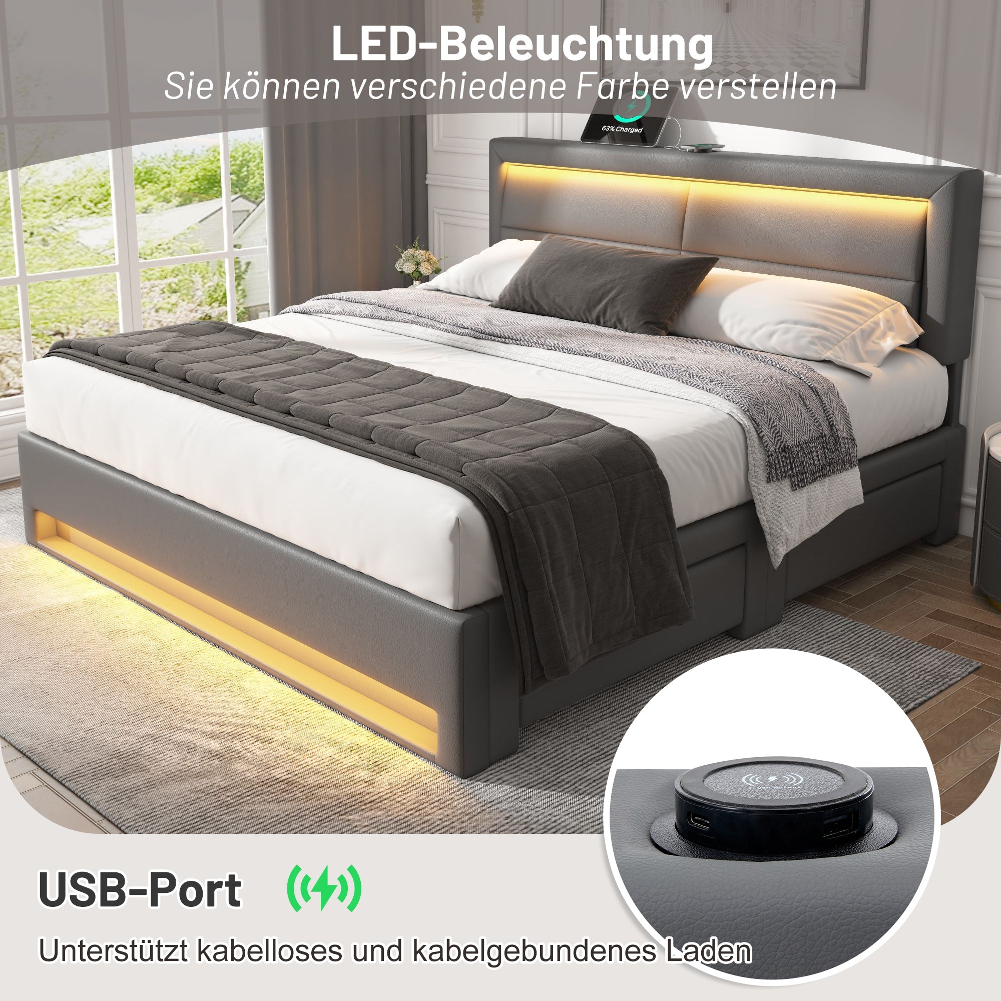 Logidon upholstered bed 160x200 gray with USB charging function LED lighting