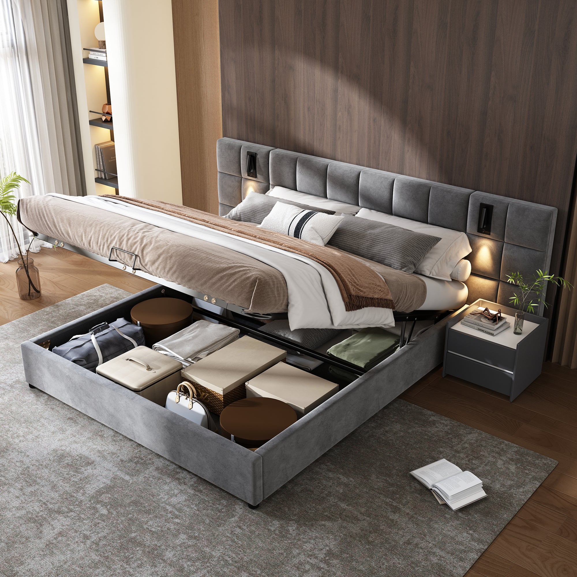 Logidon Gestoffeerd bed met opbergruimte en leeslamp USB Grijs 180x200 cm