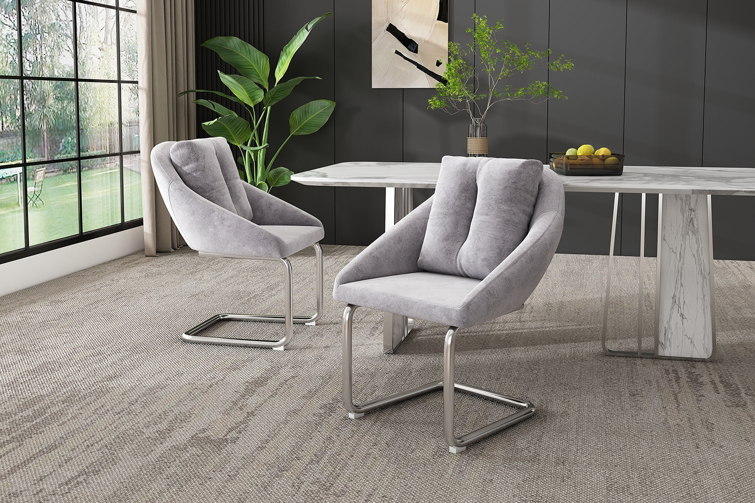 Logidon grijze fluwelen stoelenset metalen frame twee ergonomische eetkamerstoelen