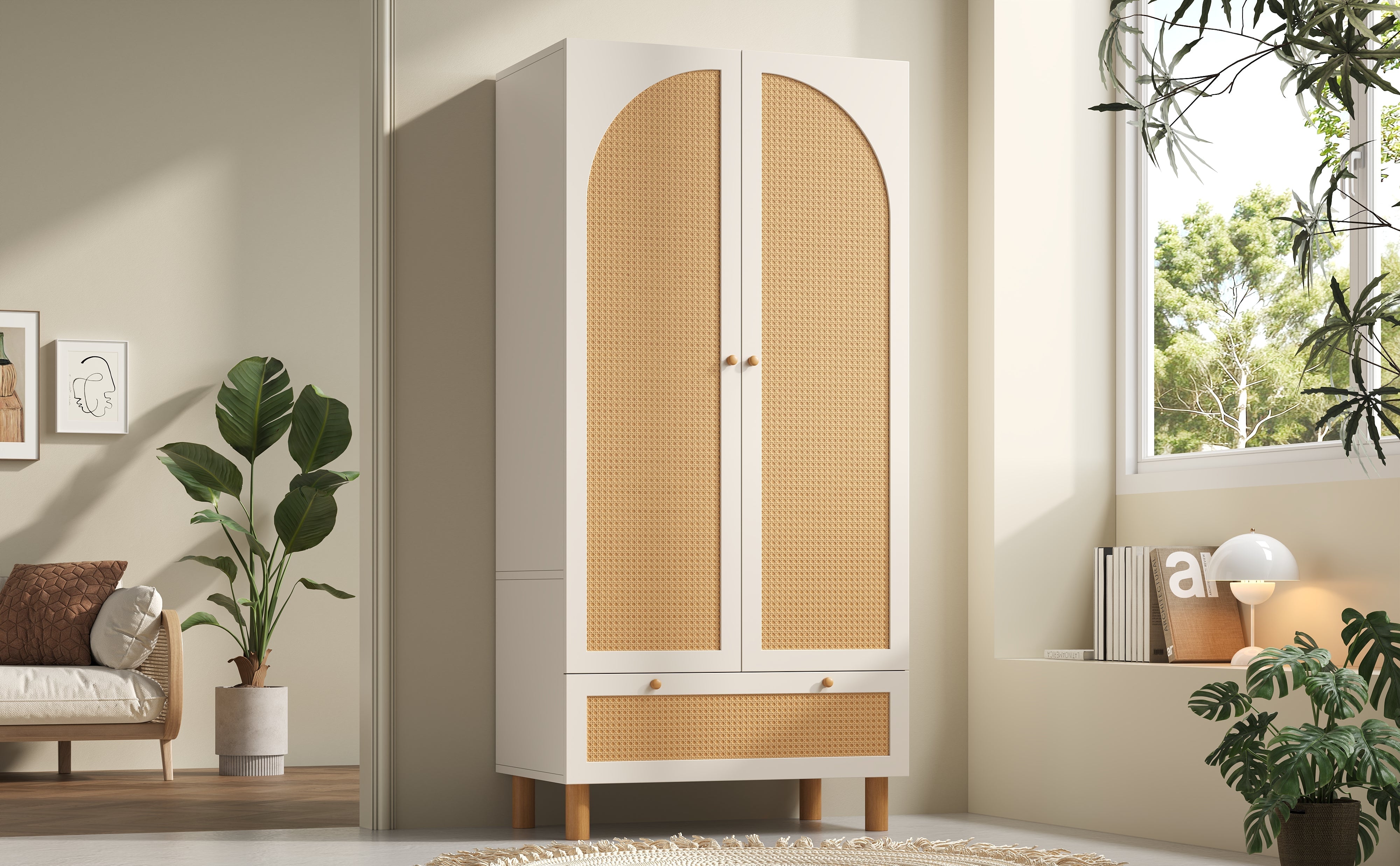 Logidon kledingkast wit met rotan deuren 180x85x52 cm landelijke stijl