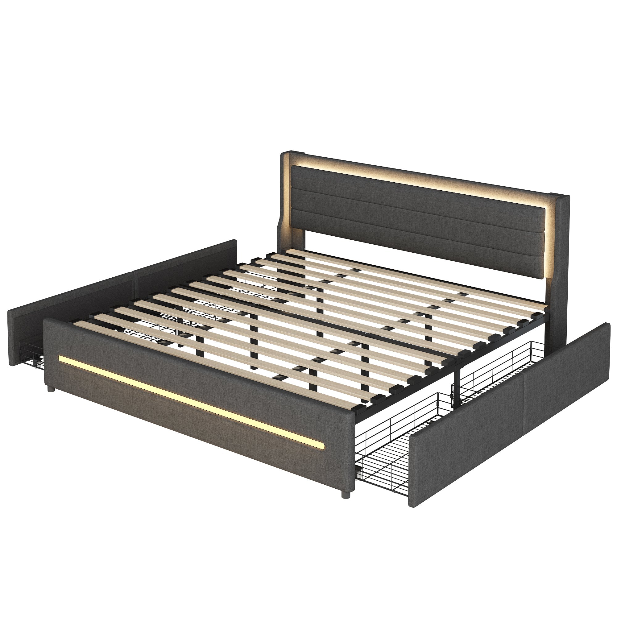 Logidon gestoffeerd bed 180x200 met LED verlichting en 4 opbergvakken grijs