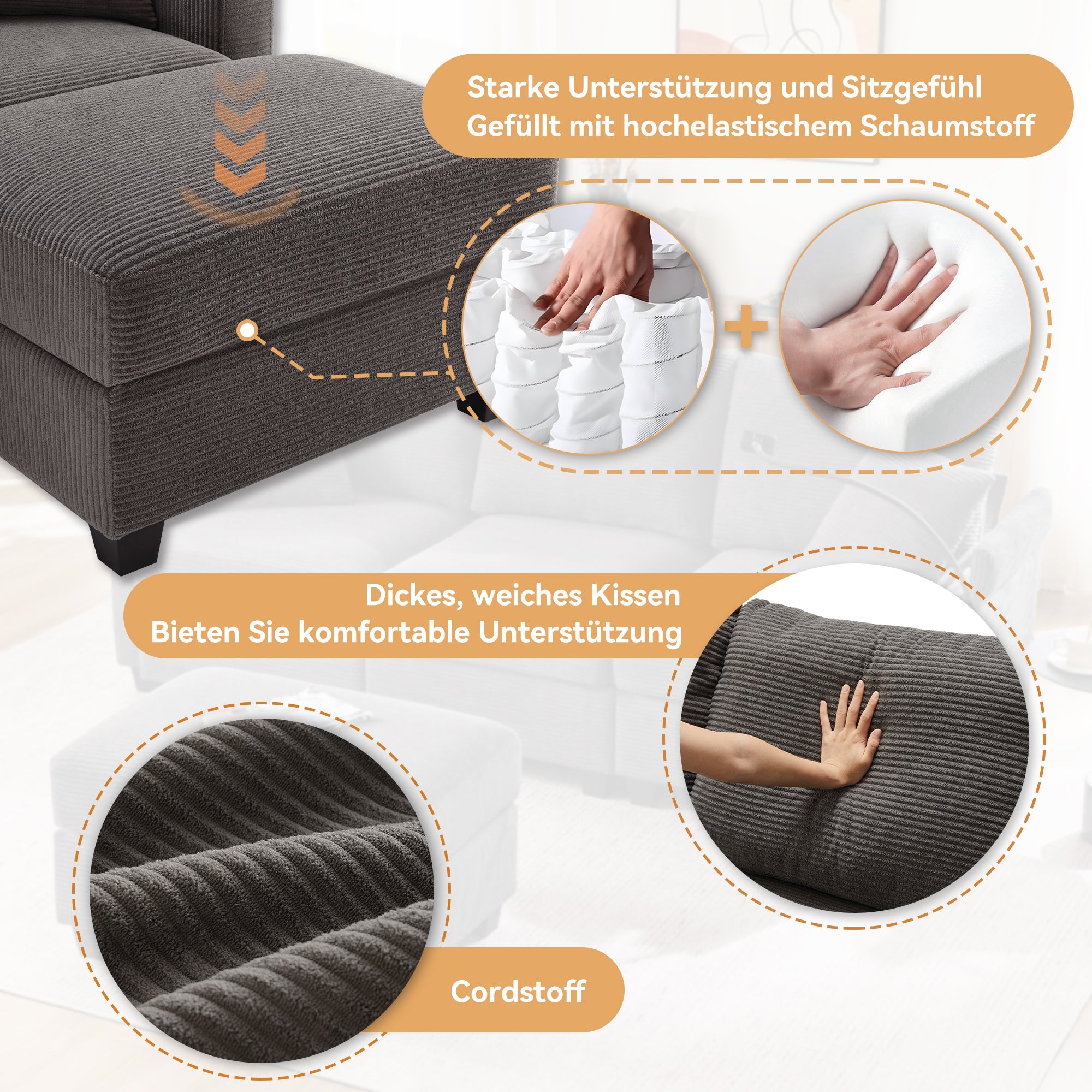 Logidon L-vorm Hoekbank Donkergrijs Corduroy Met USB-oplader