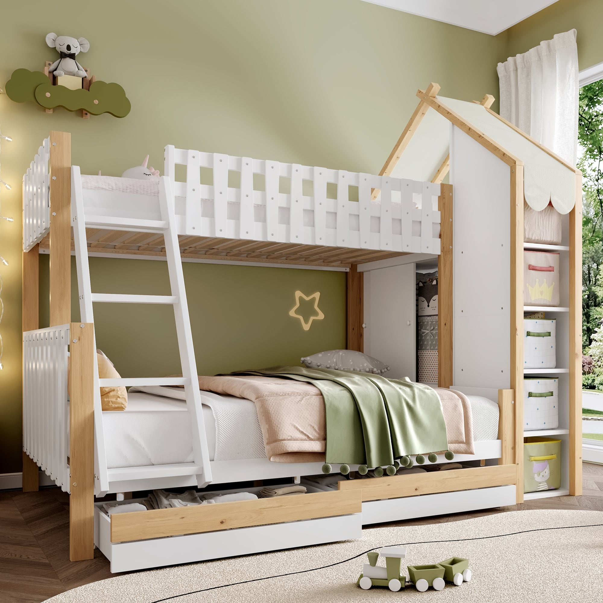 Logidon stapelbed 90x200 en 140x200 wit naturel met 2 lades