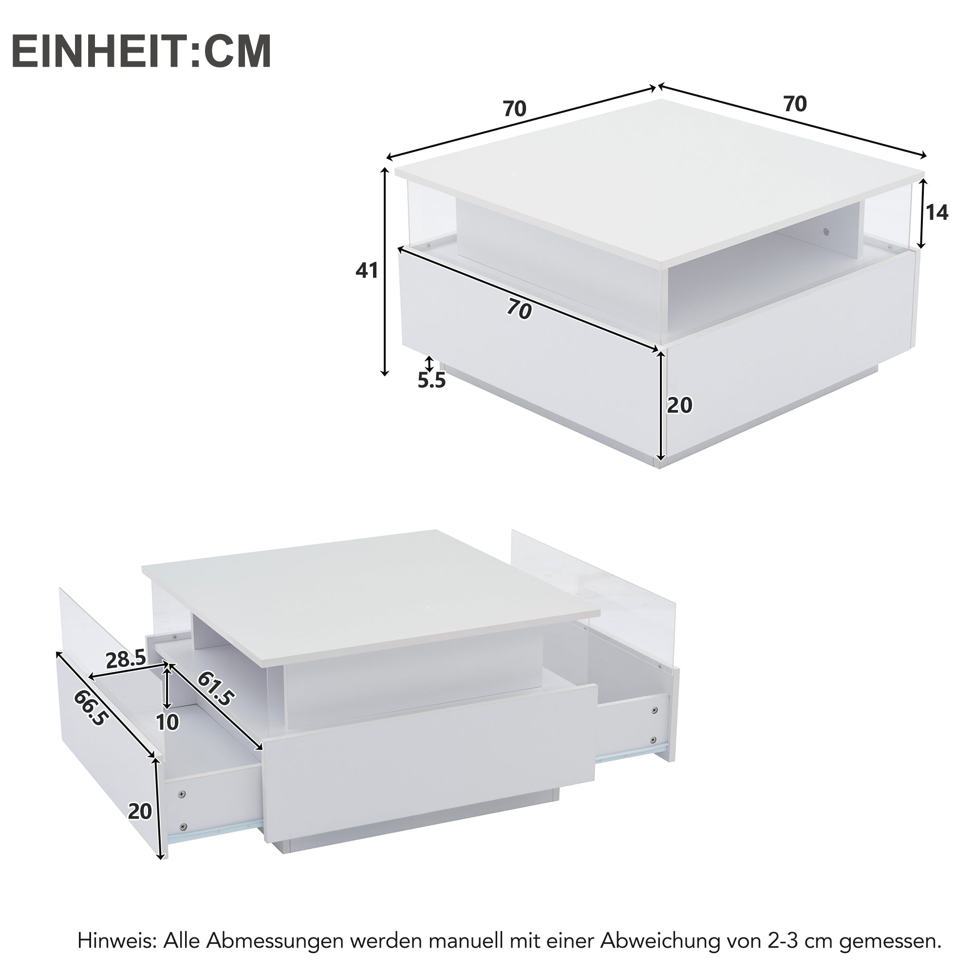 Logidon witte hoogglans salontafel 70x70x41 cm met LED-verlichting