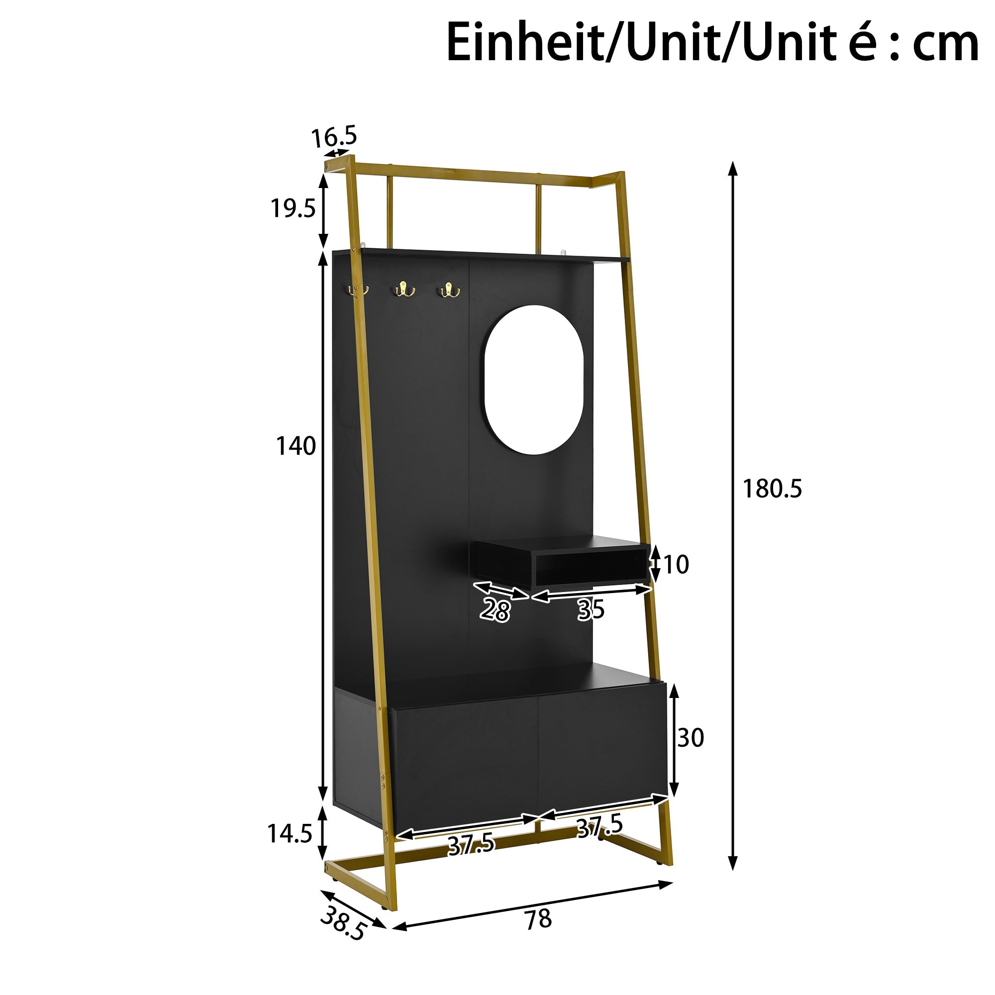 Logidon Moderne Compacte Garderobedoos Spiegel Schoenenbank Zwart 78 x 38,5 x 180,5 cm