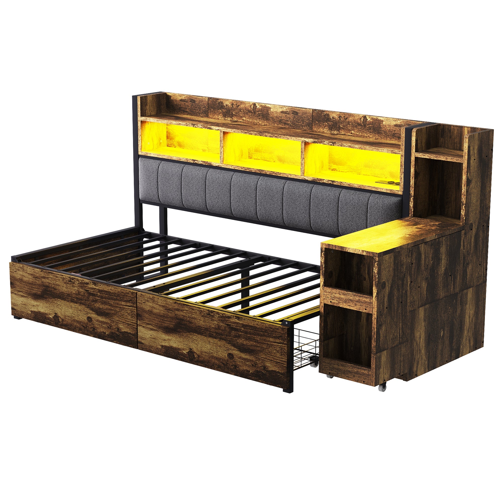 Logidon ijzeren slaapbank 90 x 200 cm houtlook opbergruimte LED