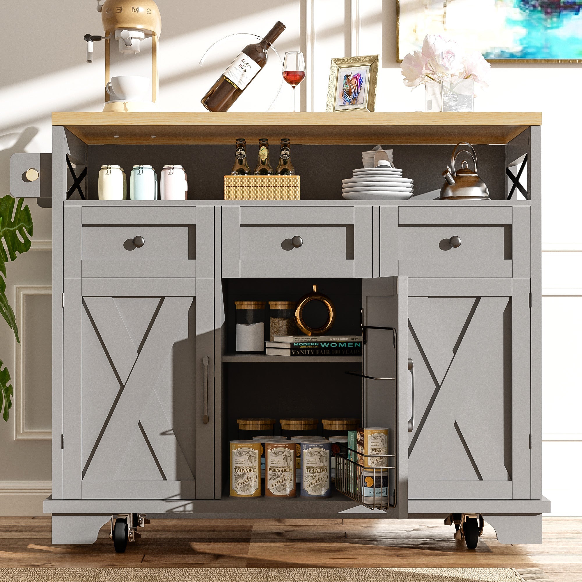 Logidon keukeneiland grijs met veel opbergruimte 118 x 43-80 x 98 cm