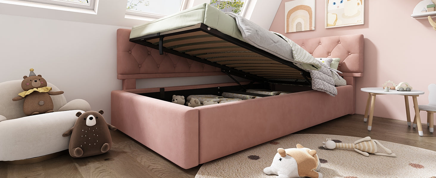 Logidon slaapbank 90x190 roze fluweel met hydraulische opbergruimte