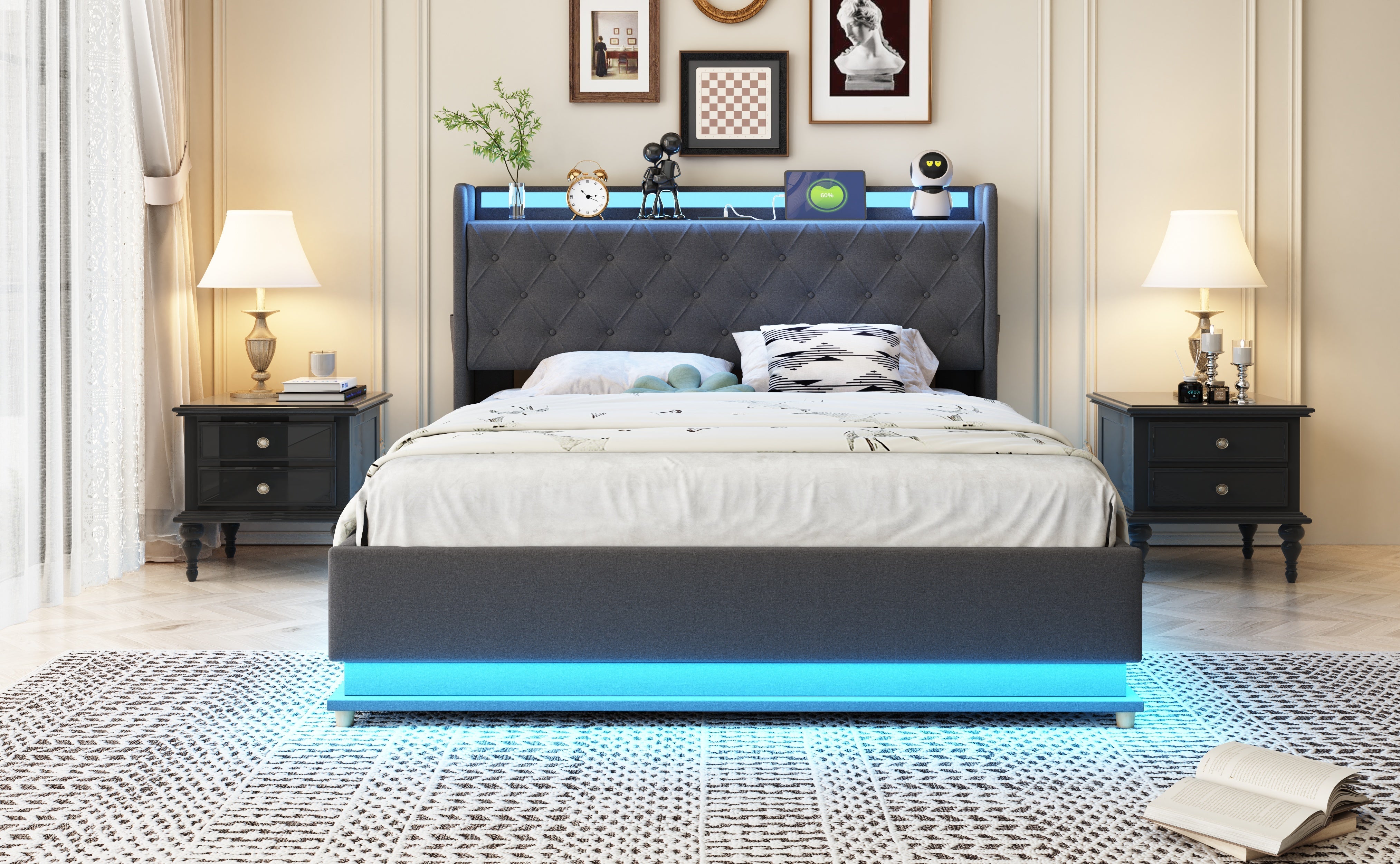 Logidon LED gestoffeerd bed 140x200 grijs met USB-oplaadpoort opbergruimte