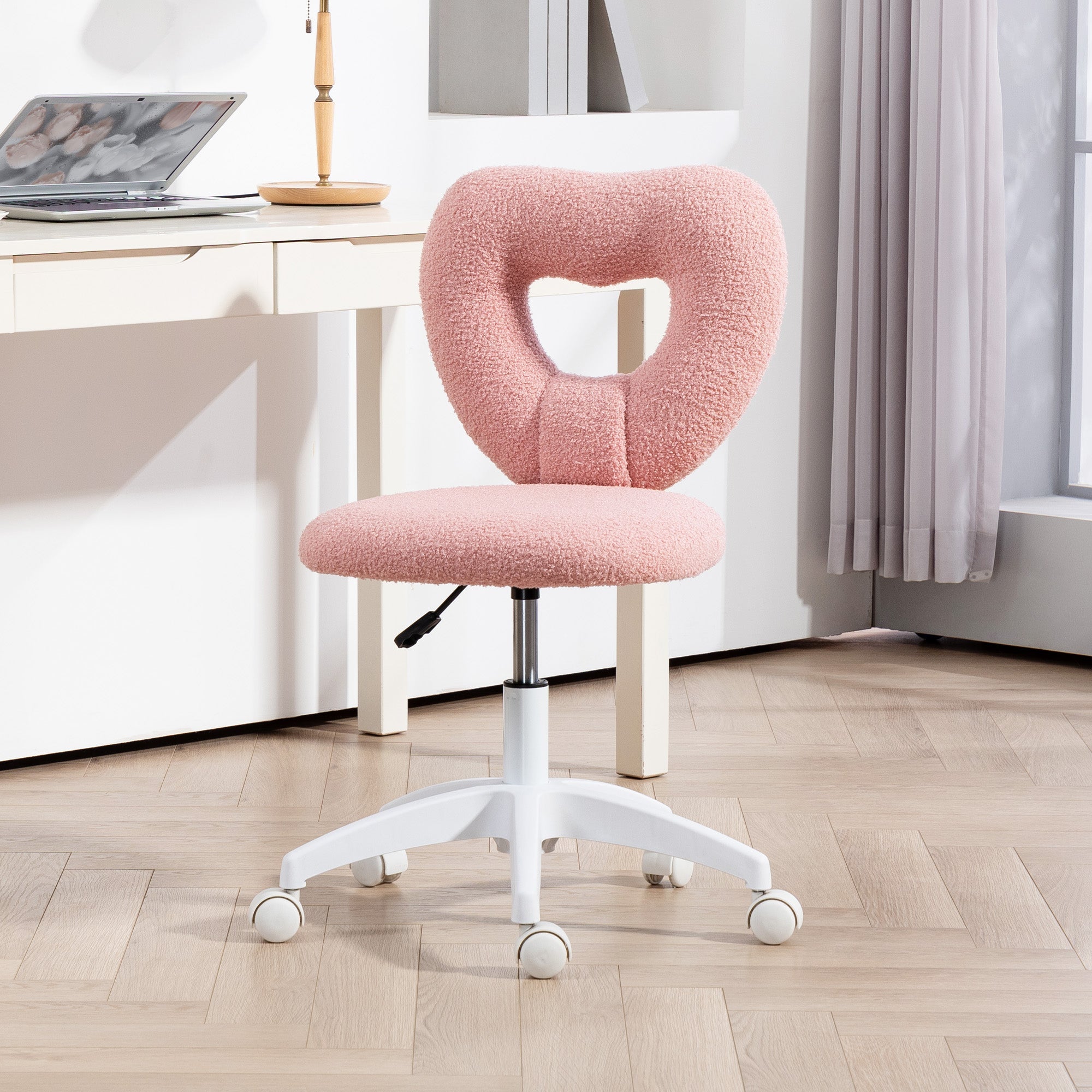 Logidon Roze Teddy Fleece Bureaustoel Hart Rugleuning in hoogte verstelbaar