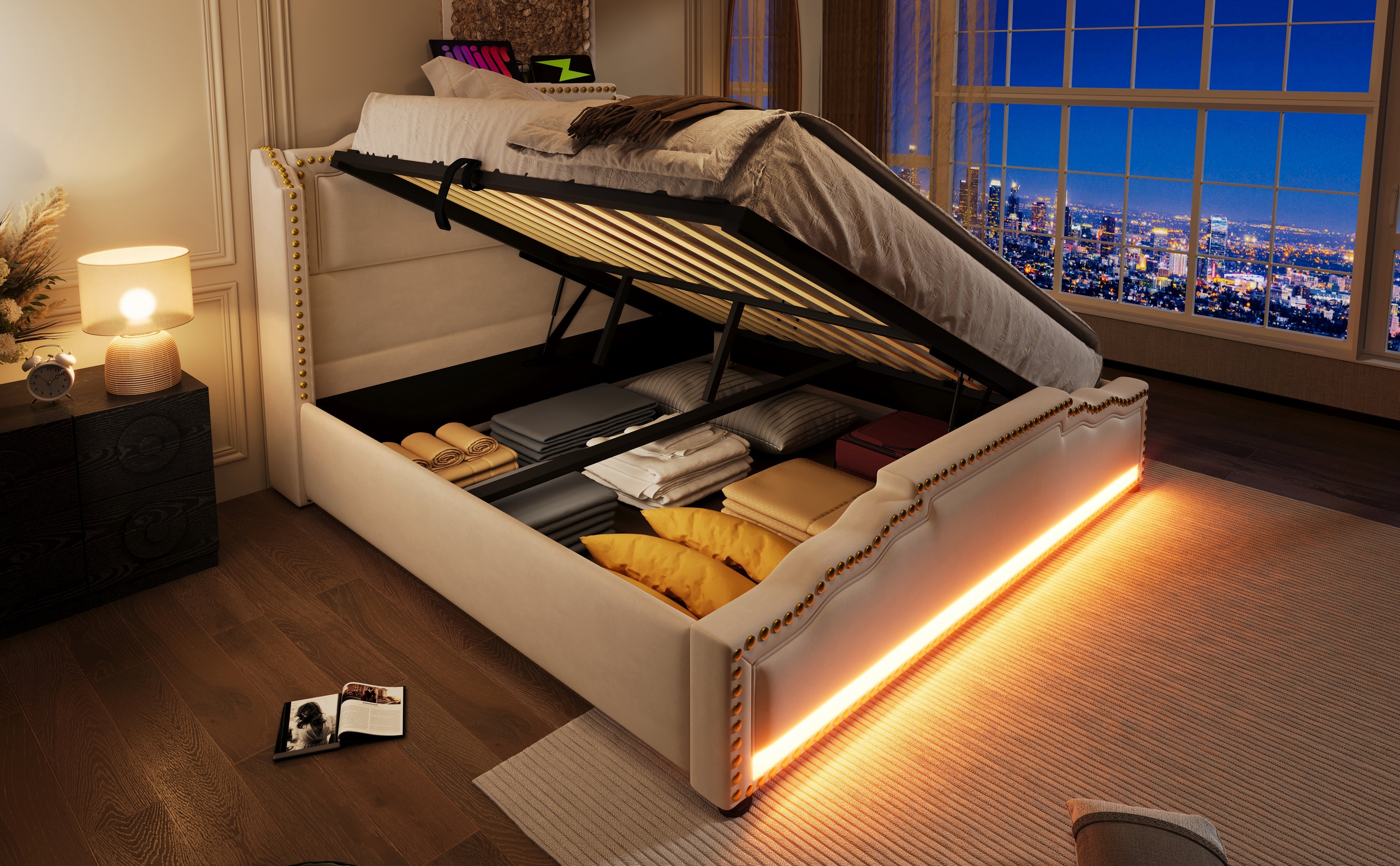 Logidon gestoffeerd bed 140x200 tweepersoonsbed hydraulische opbergruimte LED beige