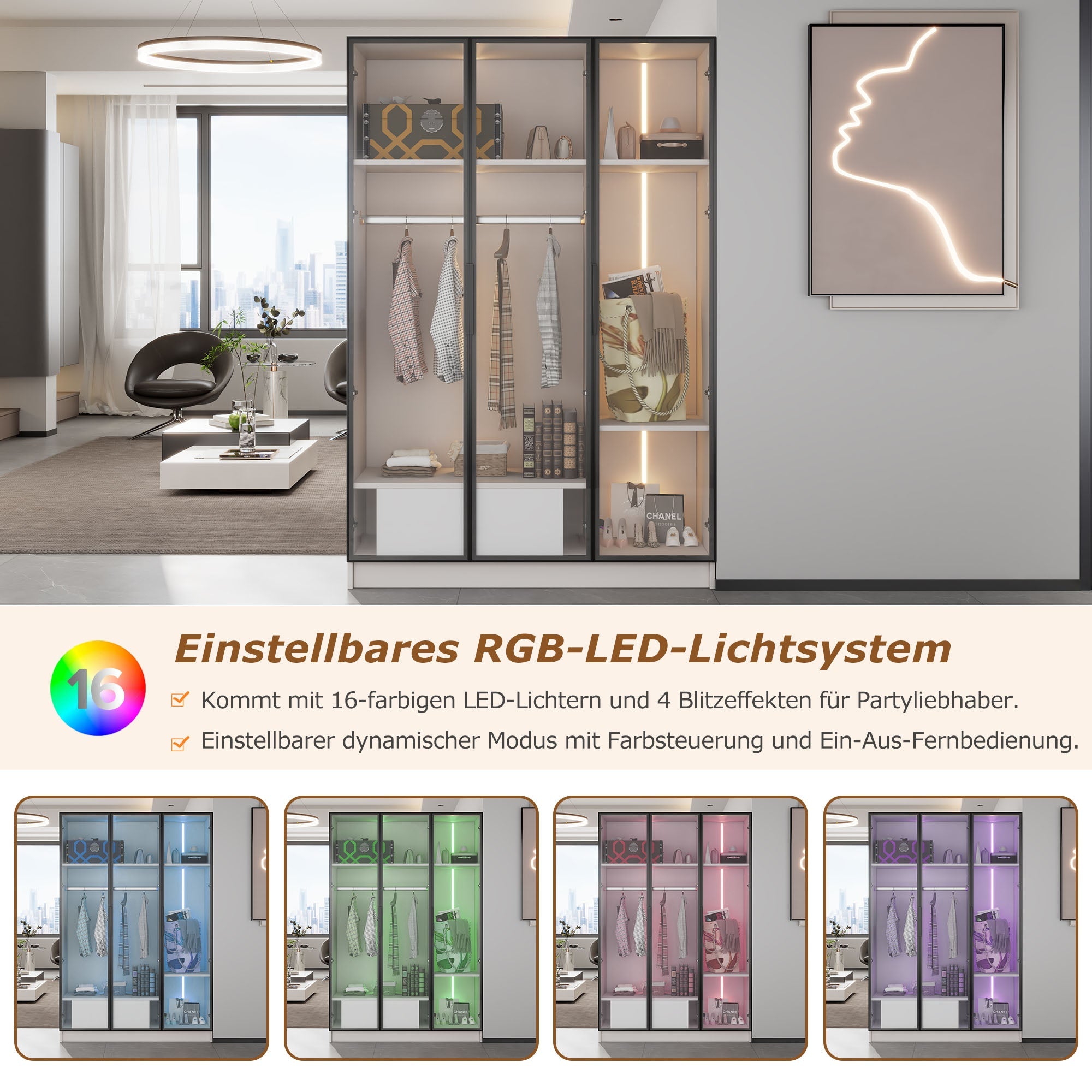 Logidon Witte kledingkast 110x50x160 cm met 3 glazen deuren LED