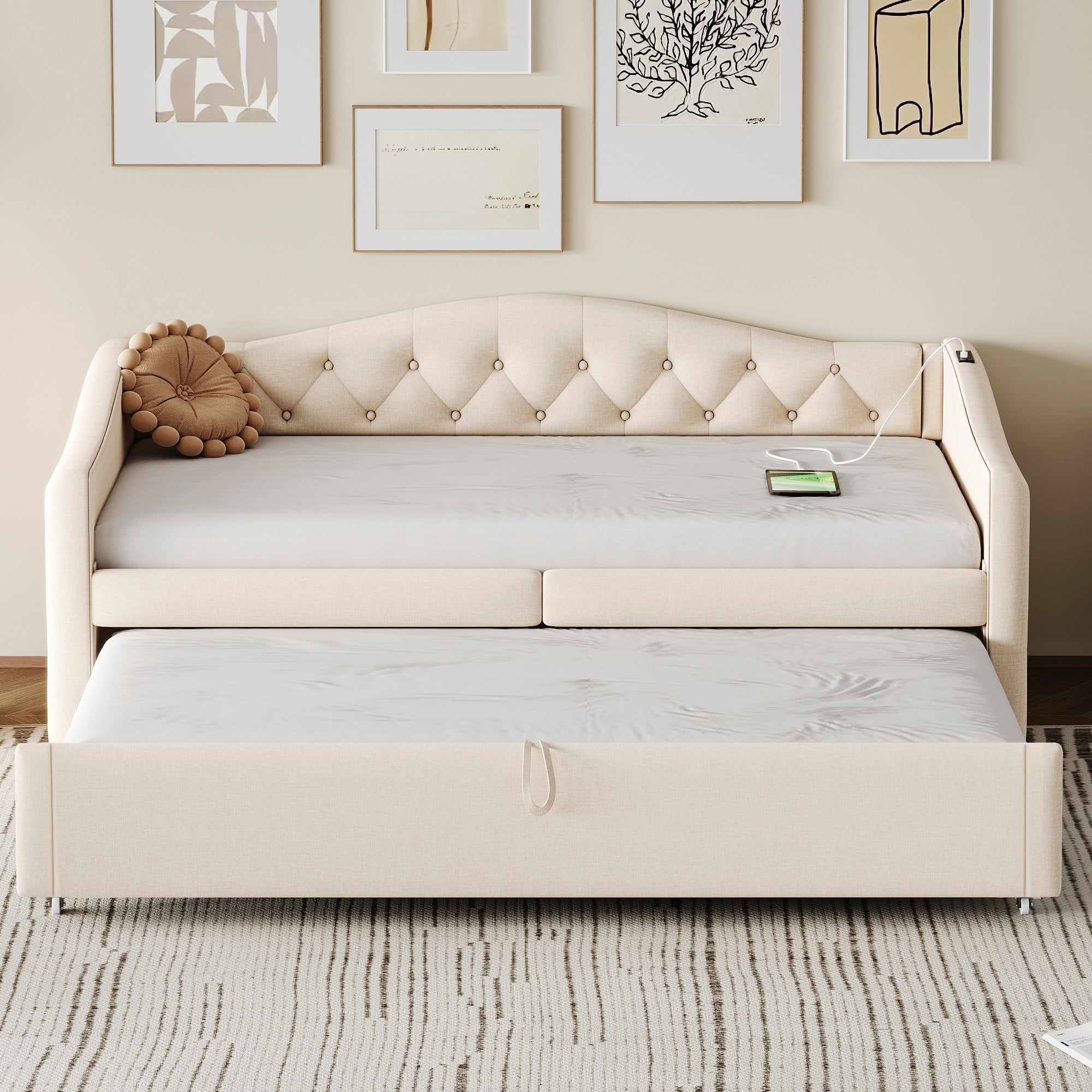 Logidon uitschuifbare slaapbank 90x200 beige met USB-poort