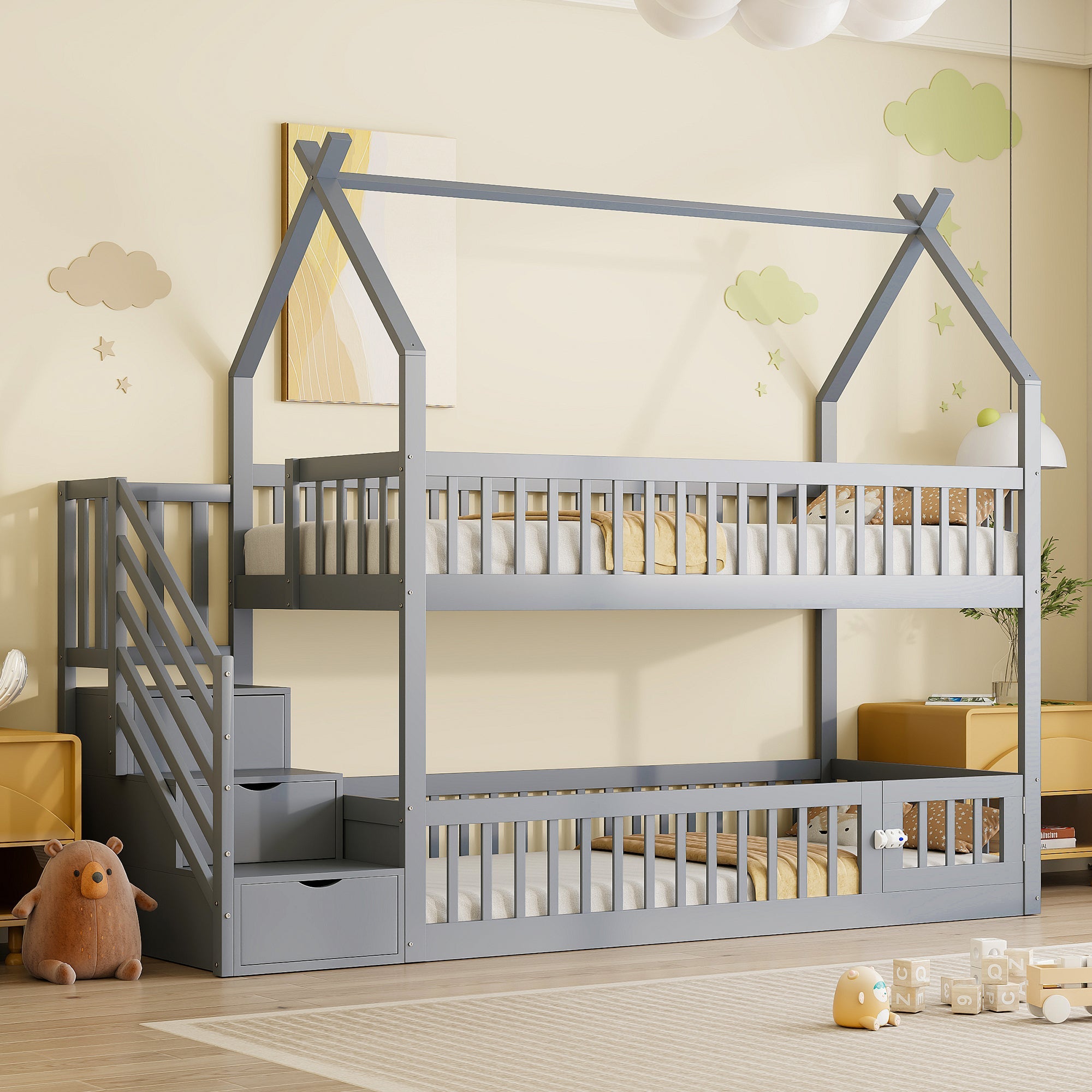 Logidon Bunk Bed 90x200 Gray With Roof Safety Stairs Storage Space