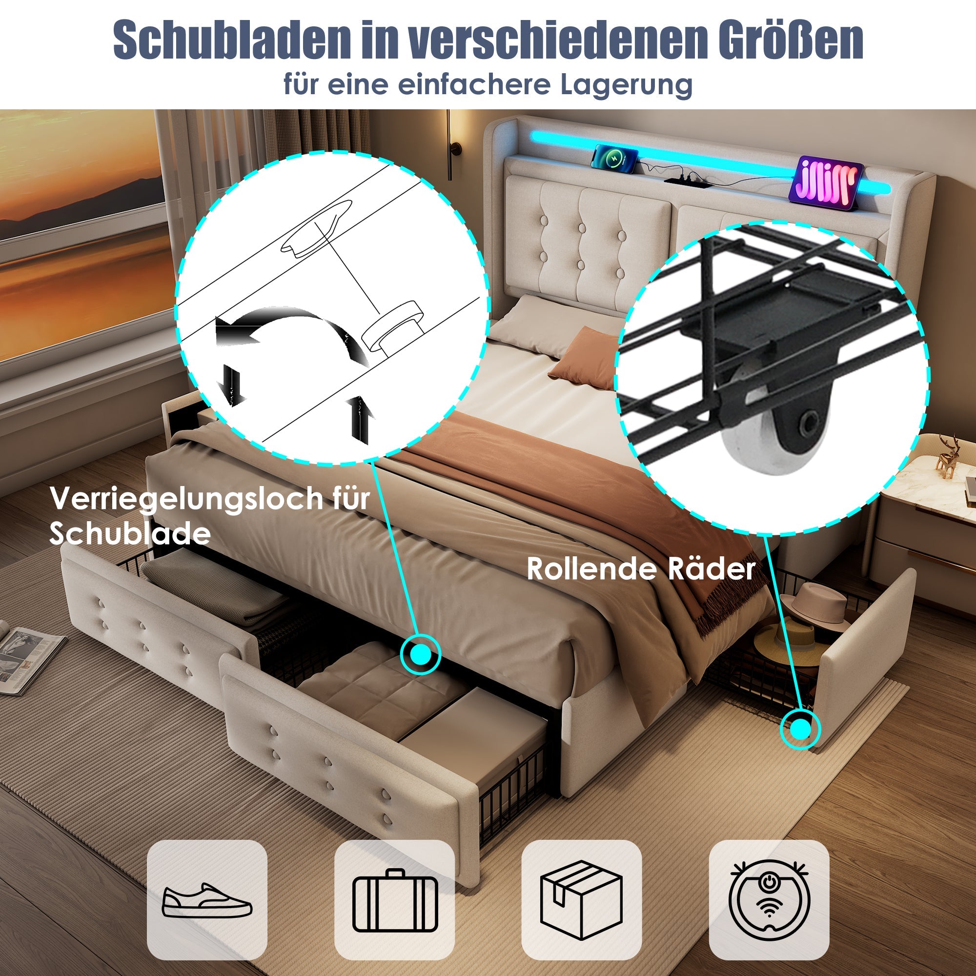 Logidon gestoffeerd bed 140x200 beige met LED hoofdbord USB C oplaadfunctie