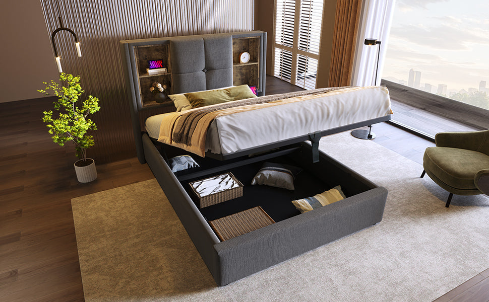 Logidon gestoffeerd bed 90x200 cm grijs met draadloos opladen USB C en opbergruimte