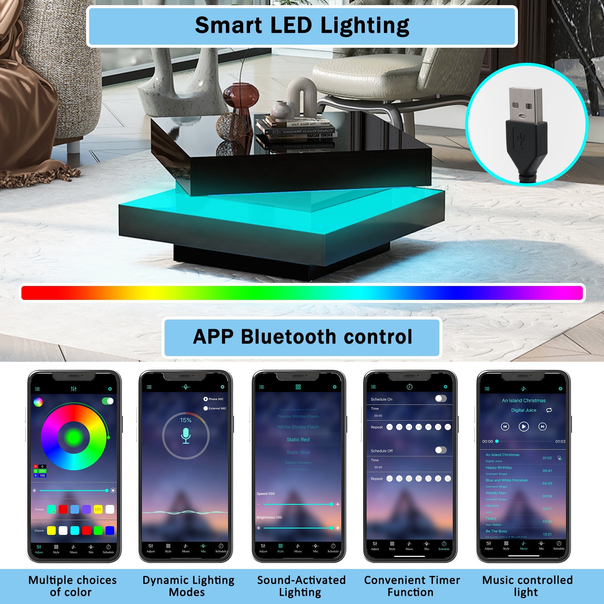 Logidon Vierkante Salontafel Zwart LED 16 Kleuren 70x70x36 cm