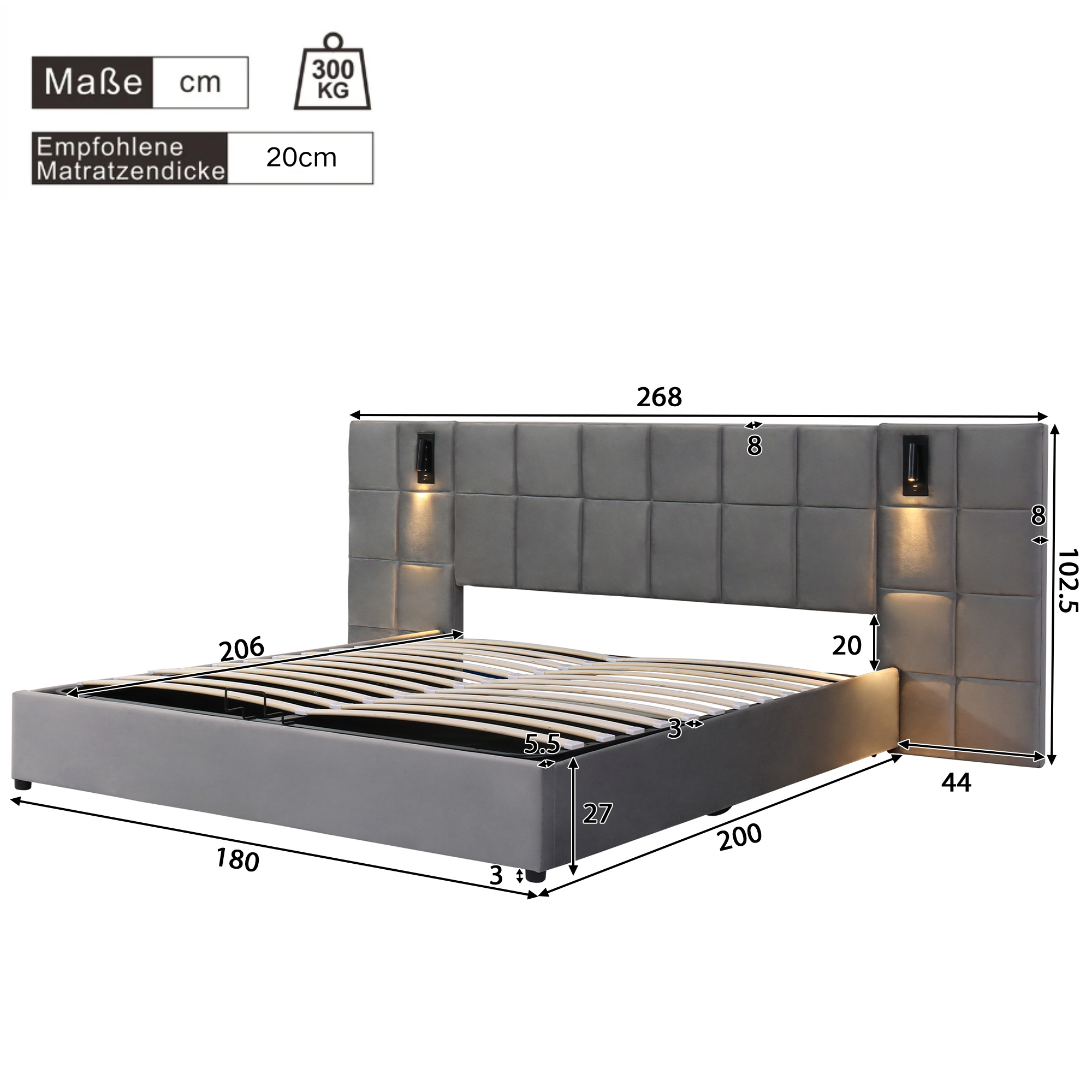 Logidon Gestoffeerd bed met opbergruimte en leeslamp USB Grijs 180x200 cm
