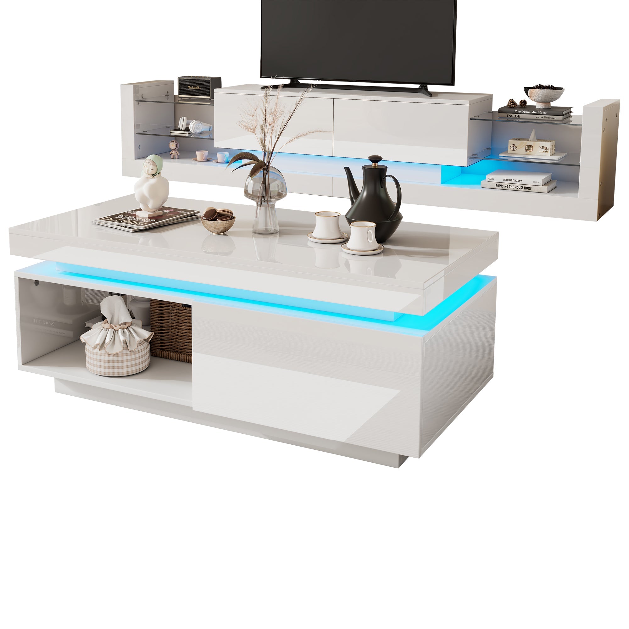 Logidon high gloss TV set white with LED lighting coffee table