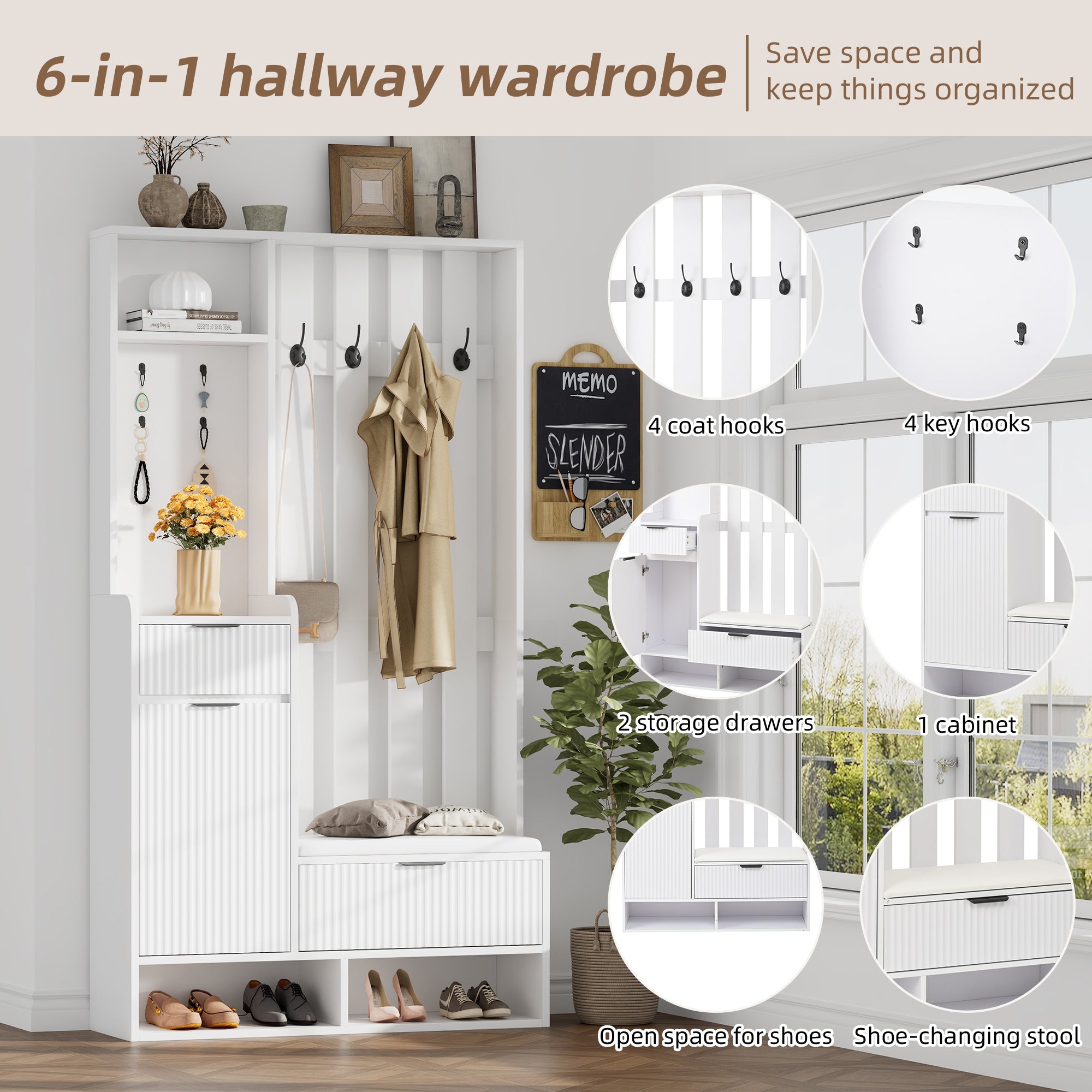 Logidon Kledingkast 6in1 Wit 100x30x180 cm Schoenenbankopberger