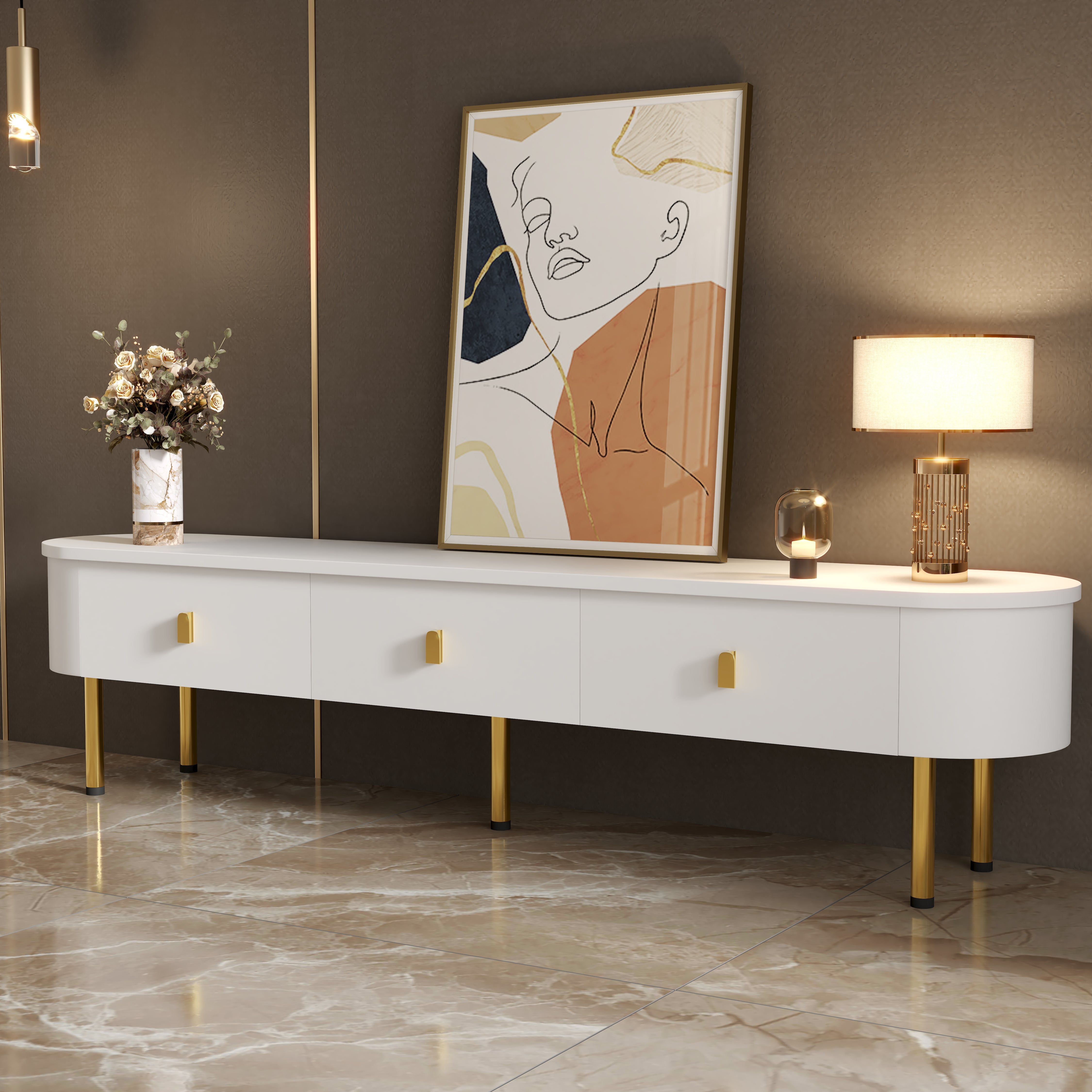Logidon lowboard TV furniture 174 cm white glossy with golden handles