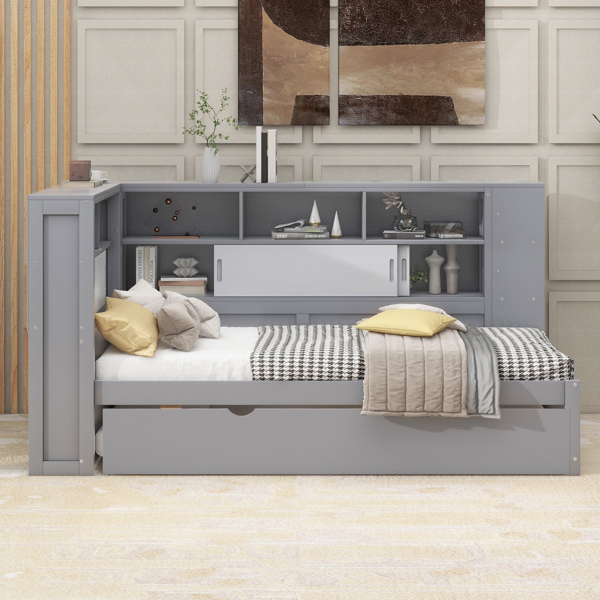 Logidon daybed 90x200 cm grijs met uitschuifbaar bed USB opbergvak