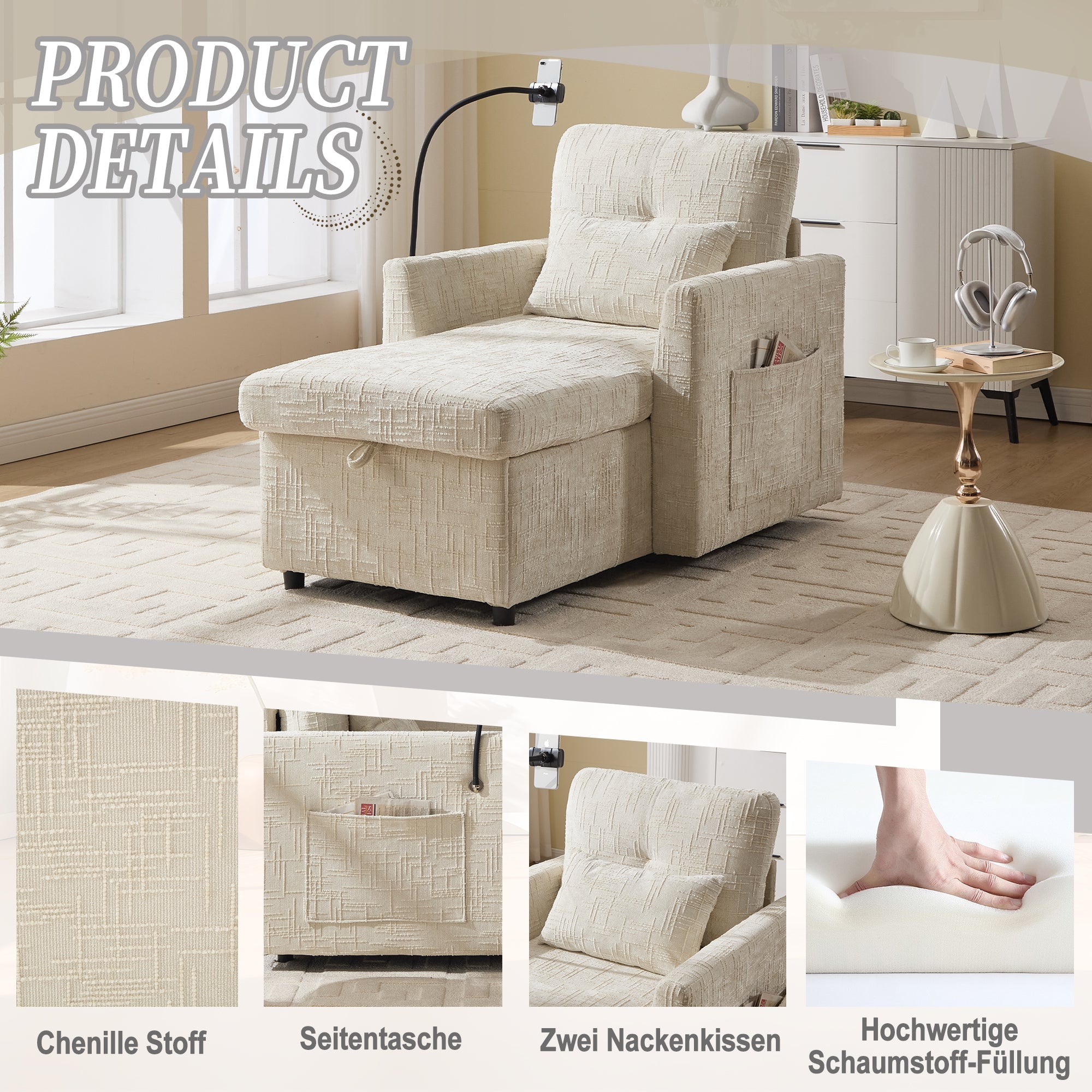 Logidon loungerstoel beige chenille met verstelbare rugleuning