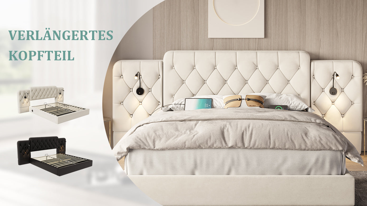 Logidon bedframe beige fluweel met lang hoofdeinde en USB-poorten
