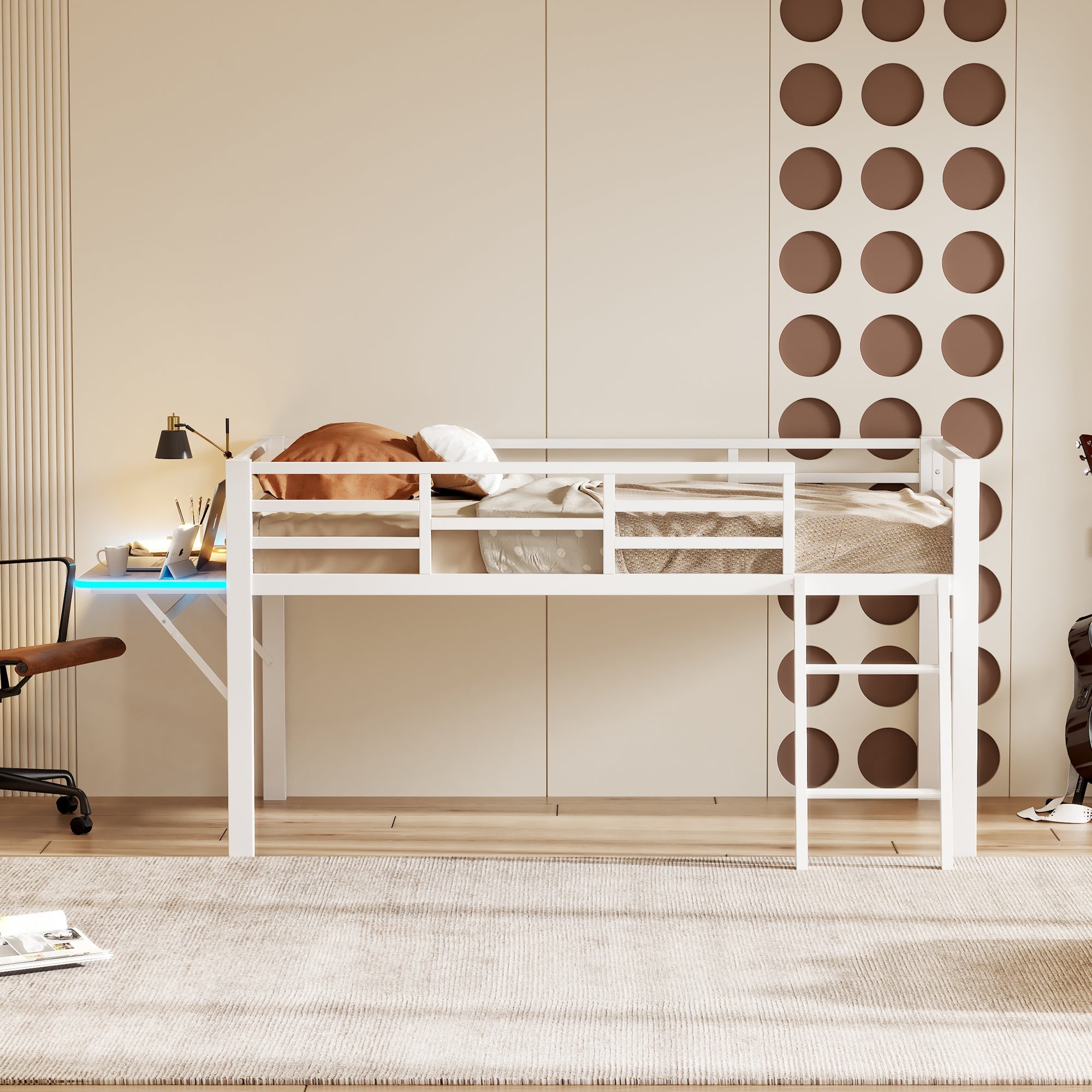 Logidon flat bed 90 x 200 cm metal bed white with railing ladder LED