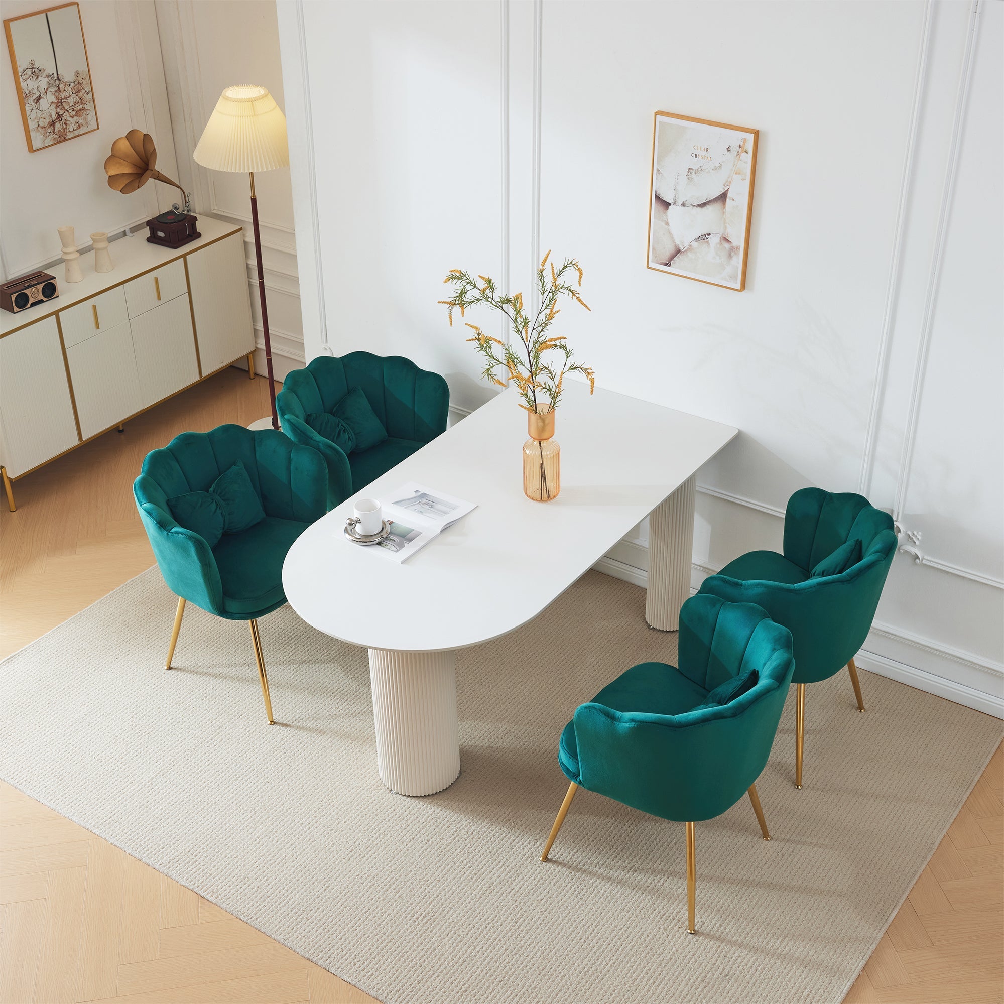 Logidon Set van 4 Fluwelen Stoelen Groen met Bladdesign en Gouden Poten