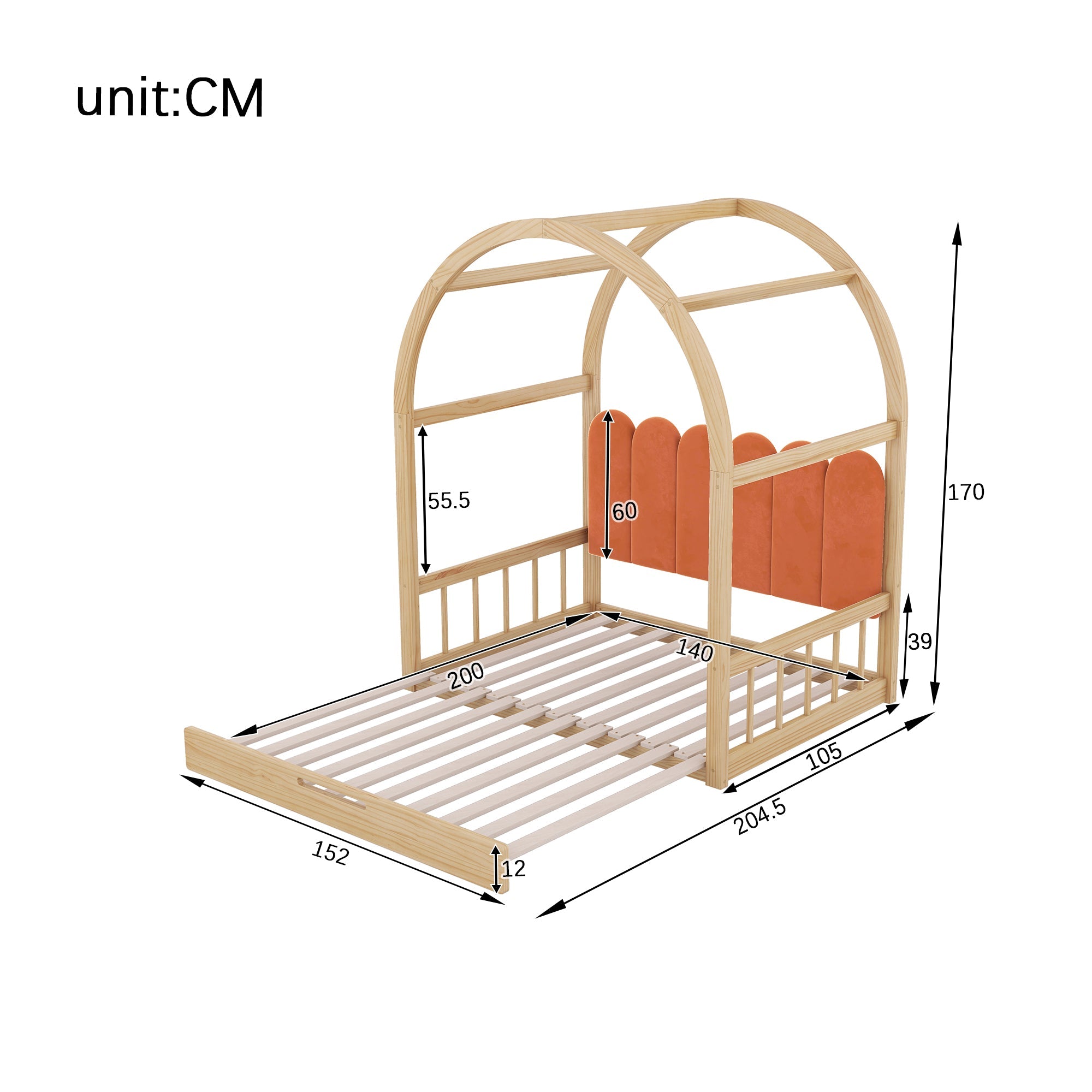 Logidon Uitschuifbaar boogdakbed 140x100 140x200 naturel oranje