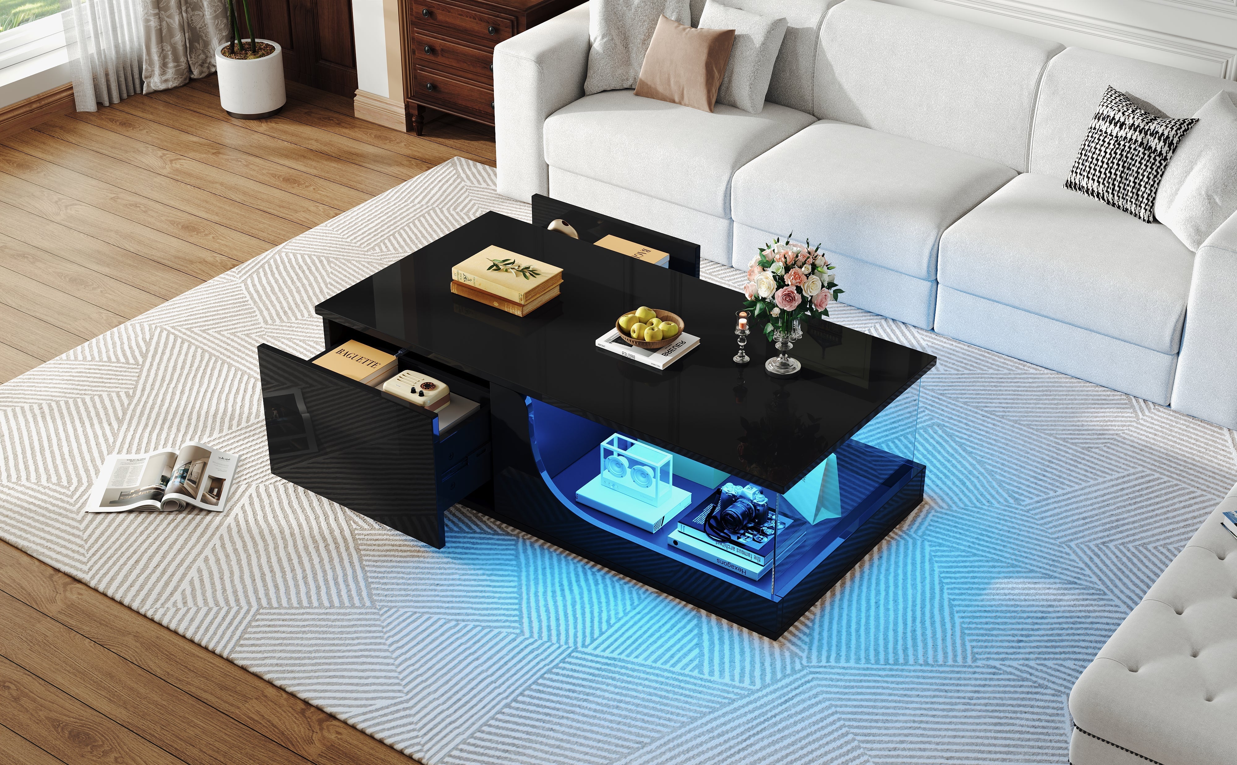 Logidon Zwarte hoogglans salontafel 100x50x30 cm LED-verlichting