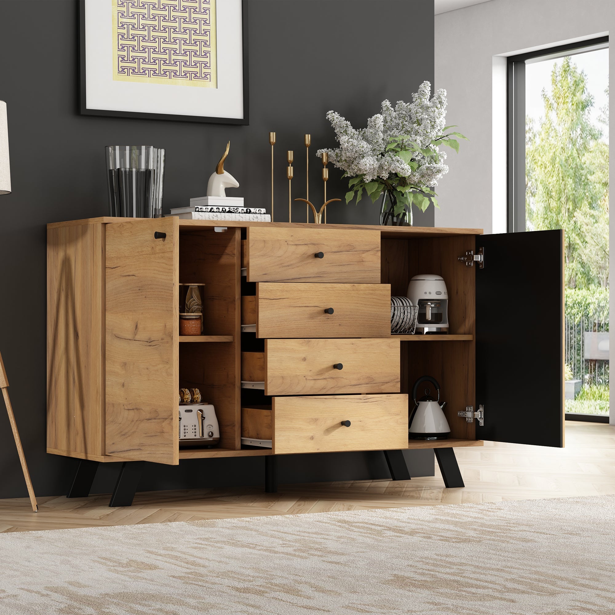 Logidon sideboard 120x38x75cm 4 drawers 2 doors hollow design