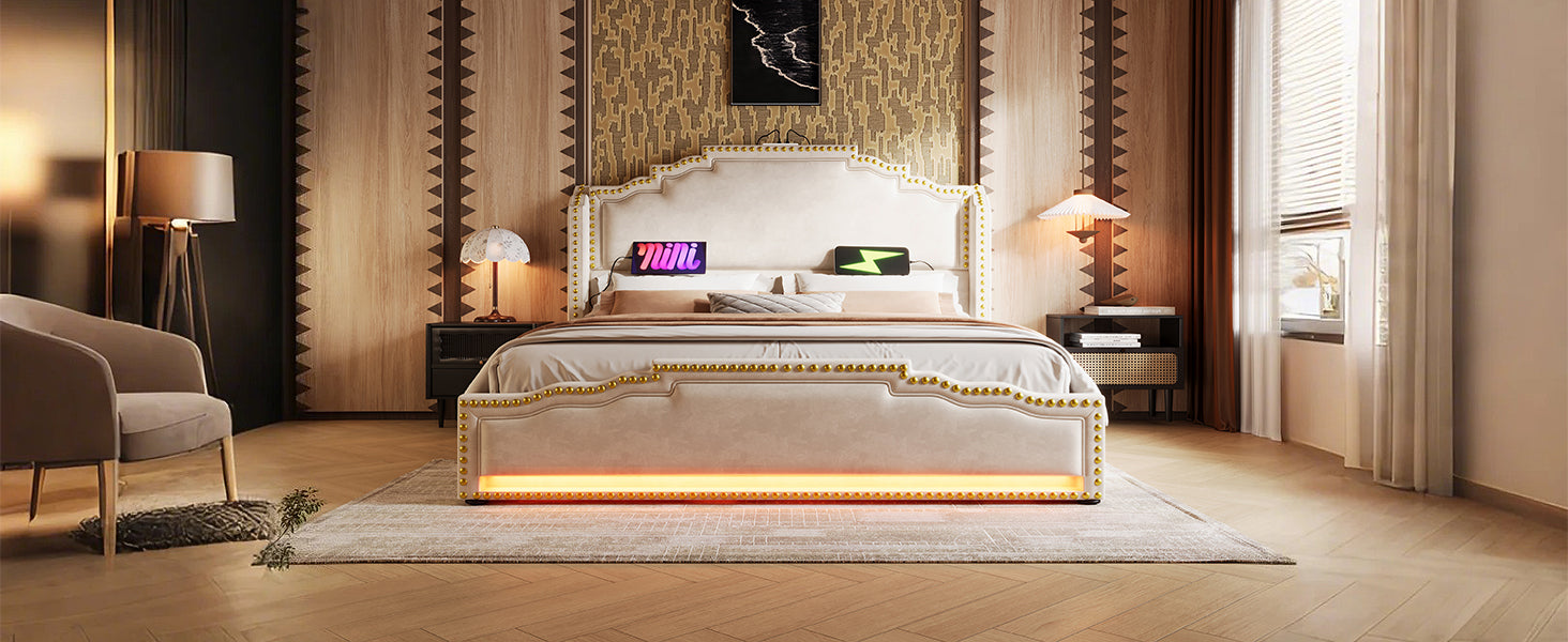 Logidon gestoffeerd bed 140x200 beige LED USB C 4 lades met matras