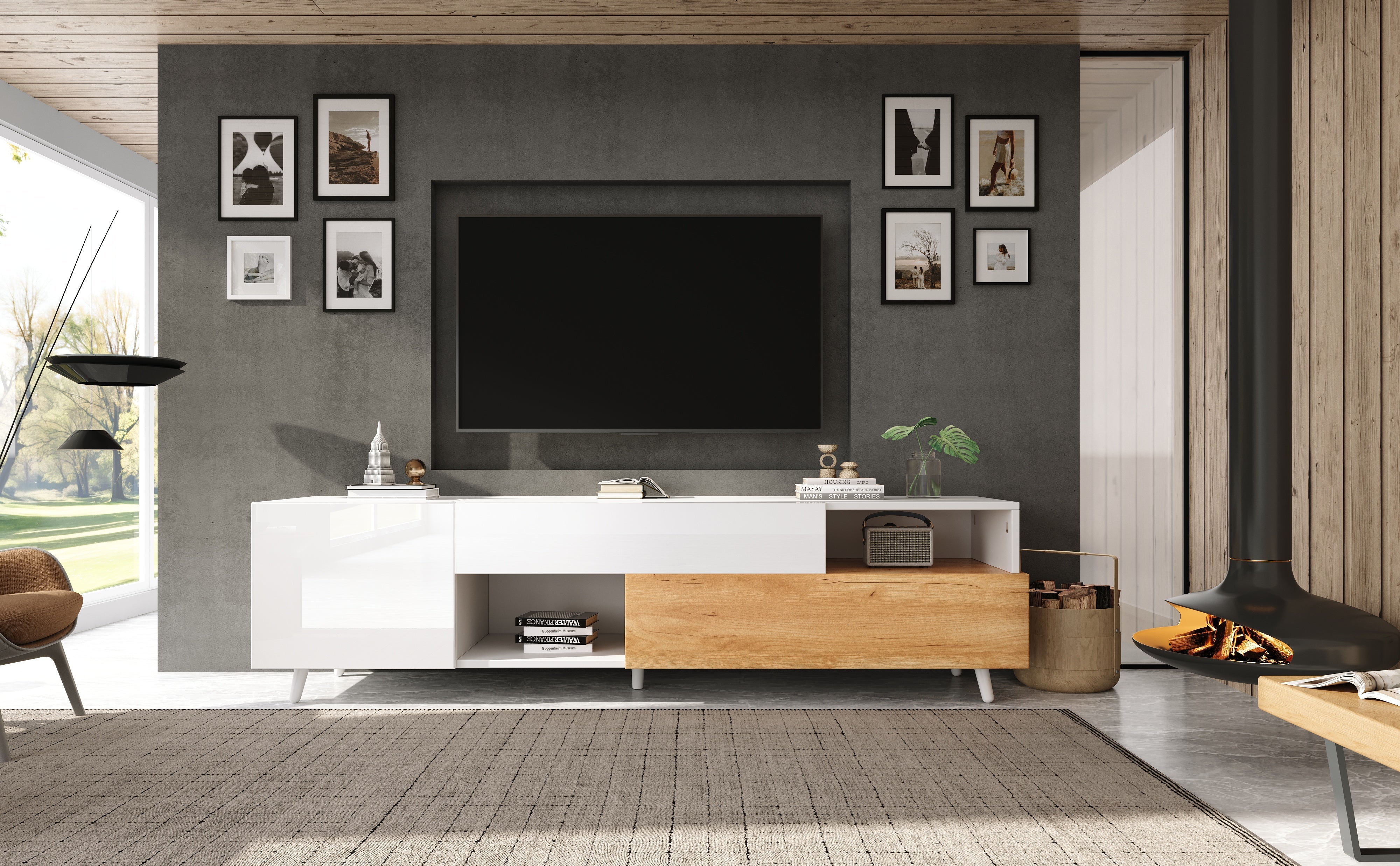 Logidon TV-meubel 180x38x50 cm witte houtlook deur en lade