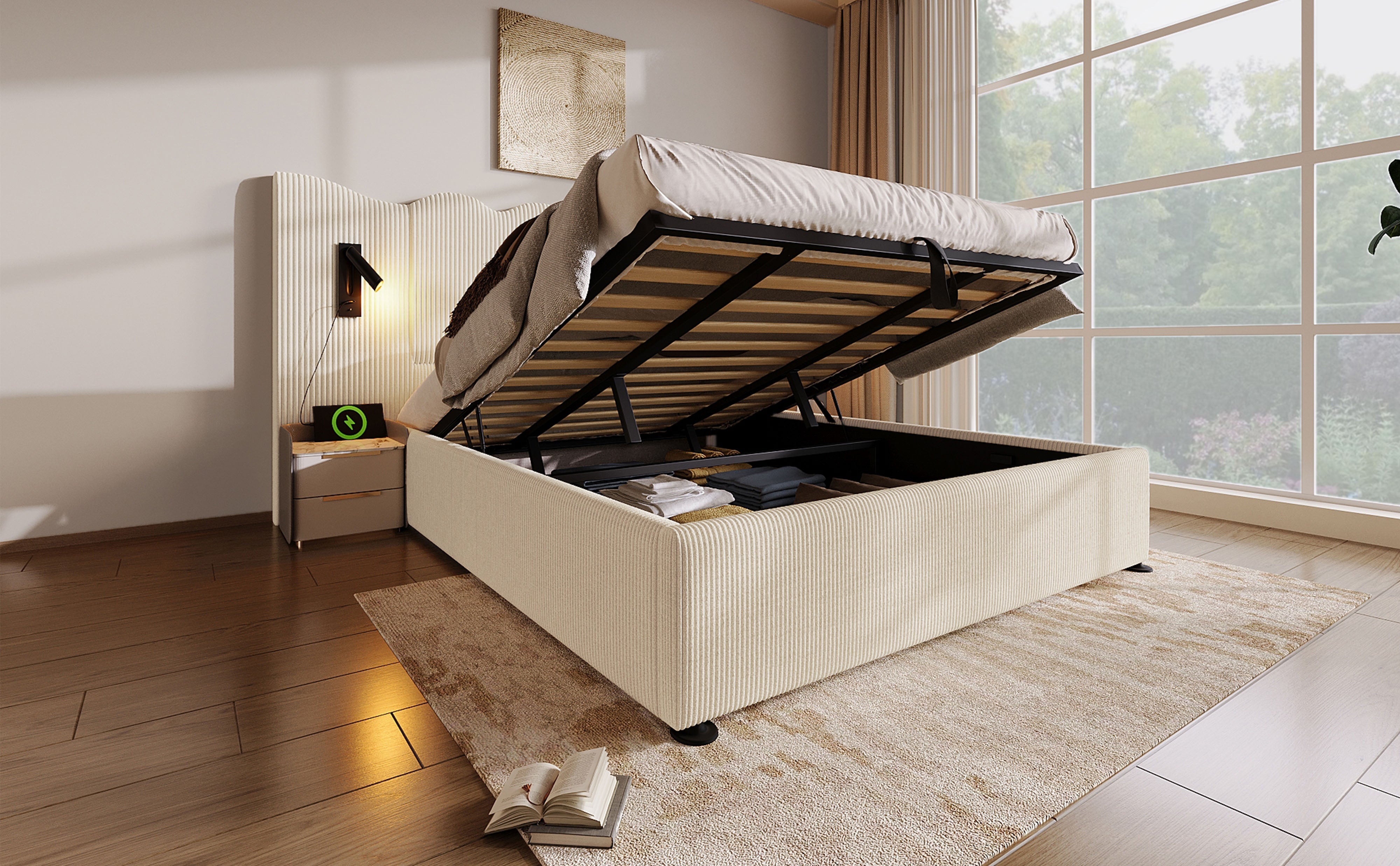 Logidon gestoffeerd bed tweepersoonsbed 180x200 beige-wit leeslamp USB-C opladen