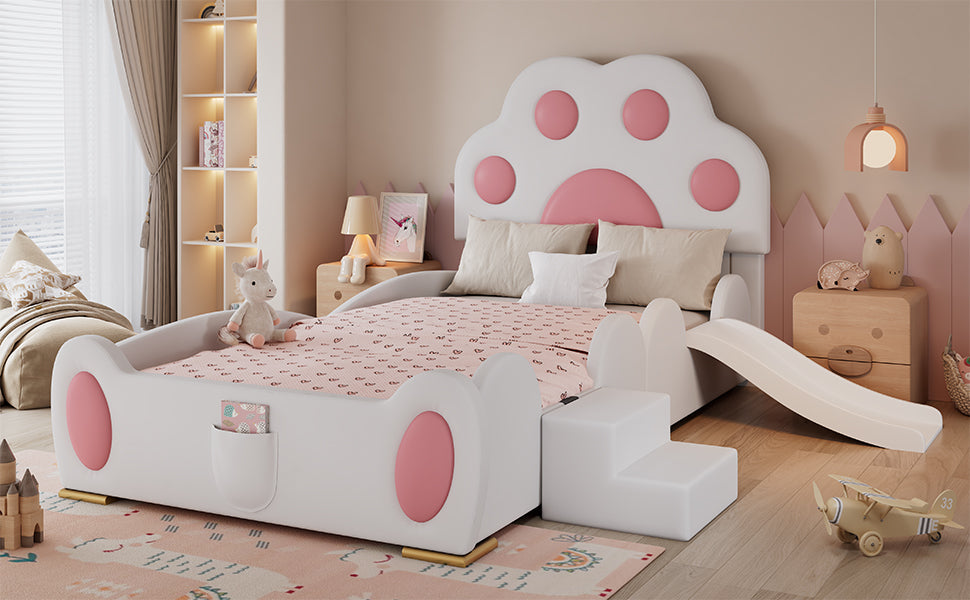 Logidon gestoffeerd bed 90x200 cm wit roze met kattenpoot hoofdeinde
