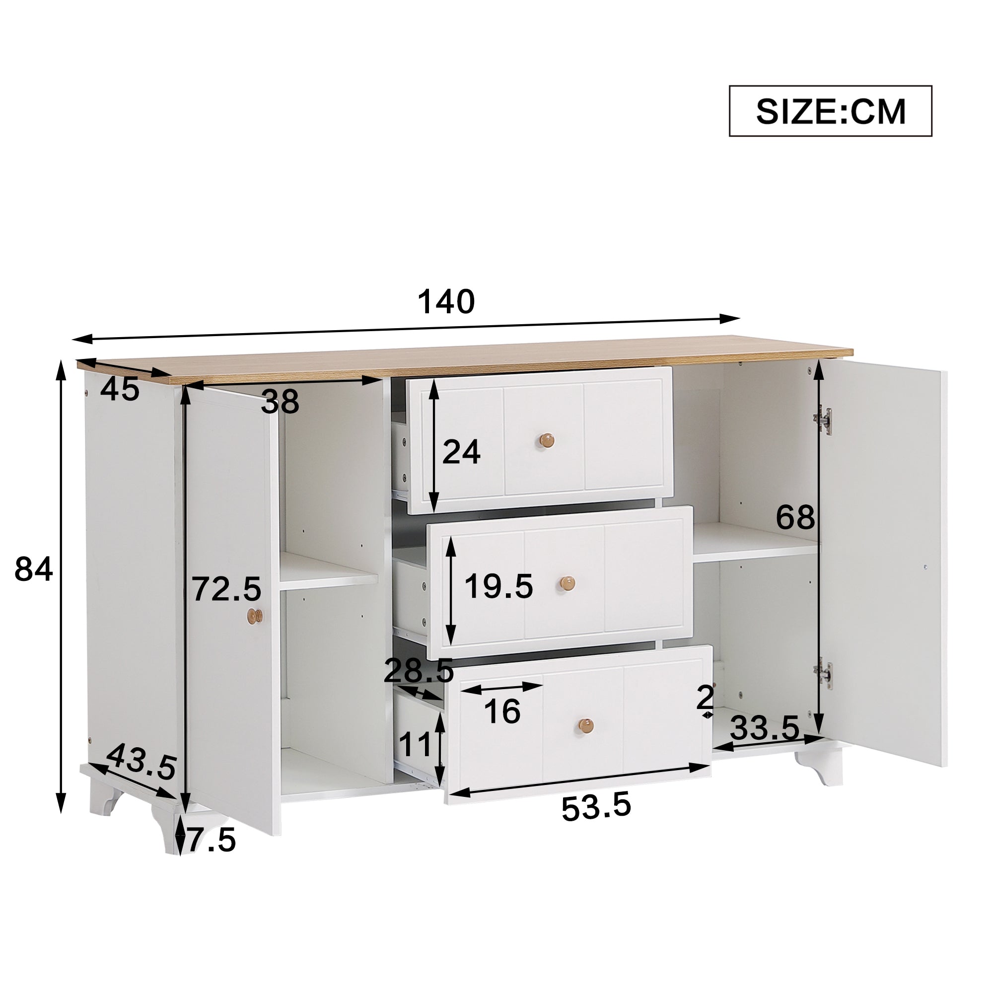 Logidon classic chest of drawers white natural with 3 drawers and 2 doors