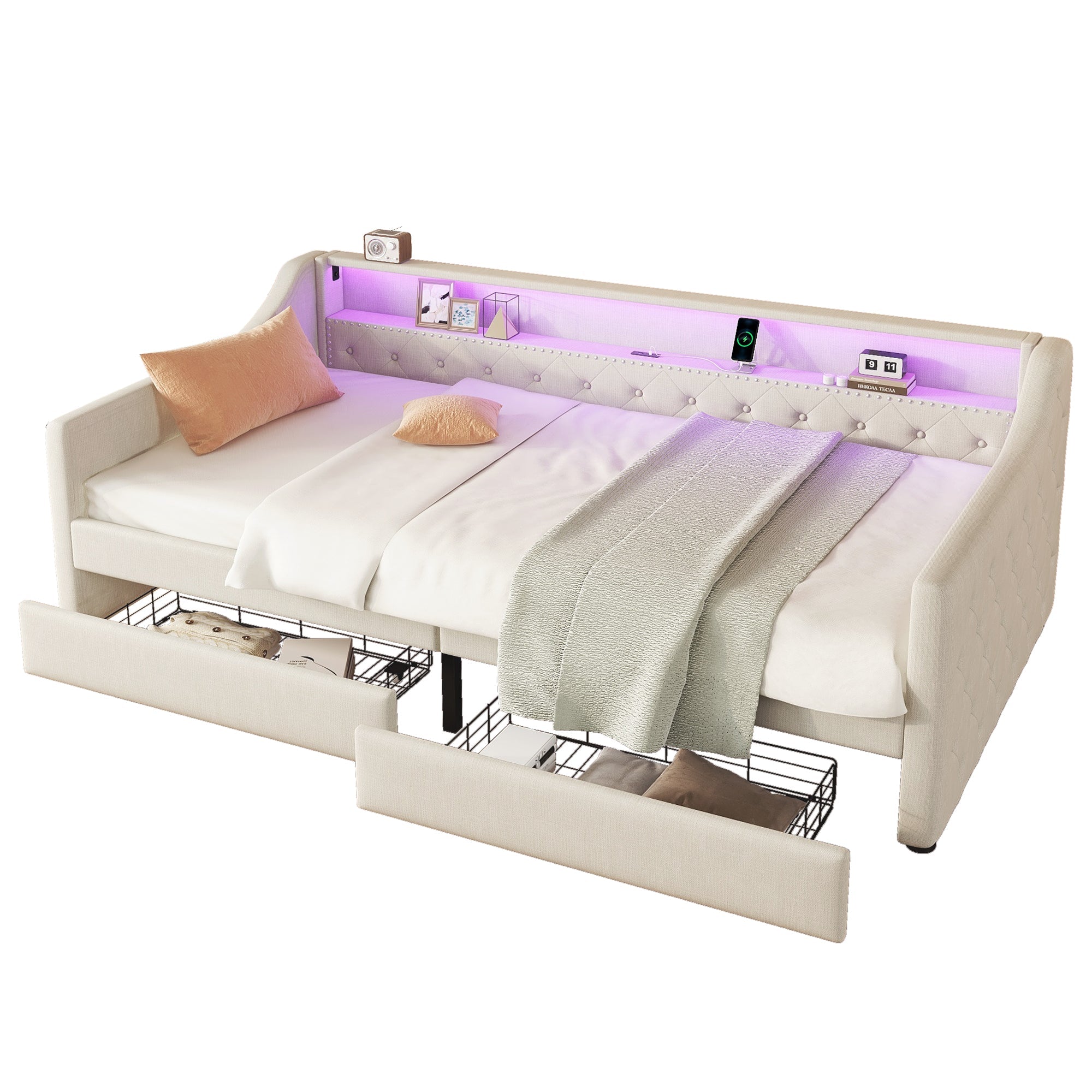 Logidon Daybed 90x200 beige slaapbank met lattenbodem USB-oplaadaansluiting