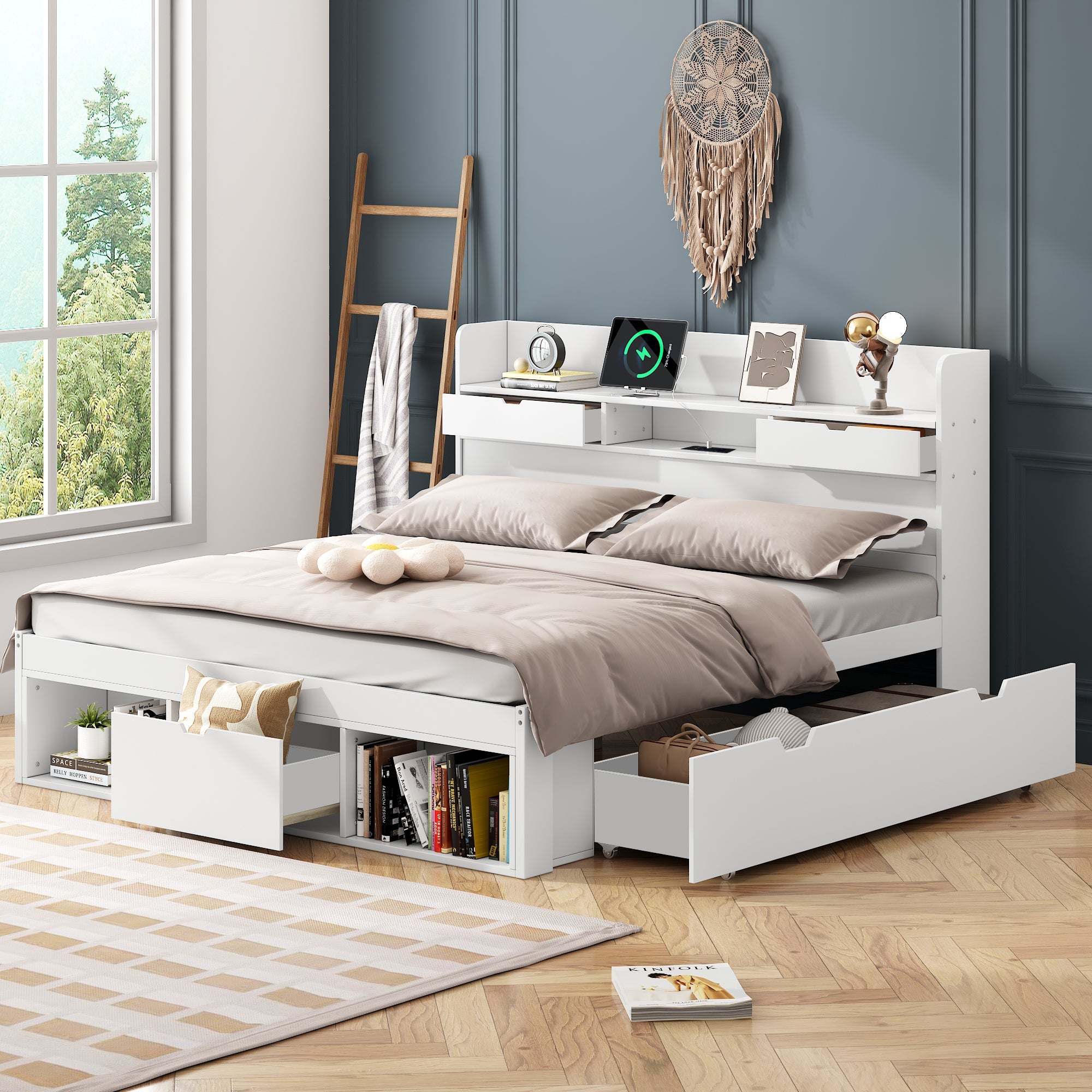 Logidon bed 135x190 cm met USB oplaadpunt en opbergruimte wit