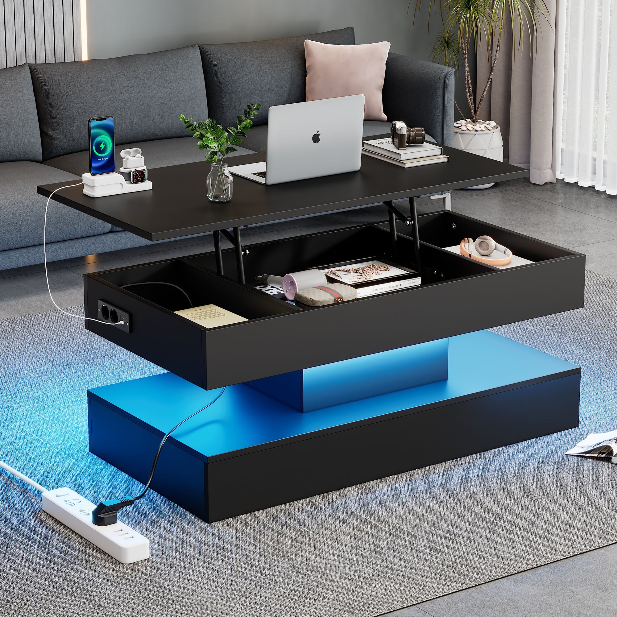 Logidon LED Salontafel met verborgen opbergruimte 100x50 cm Zwart