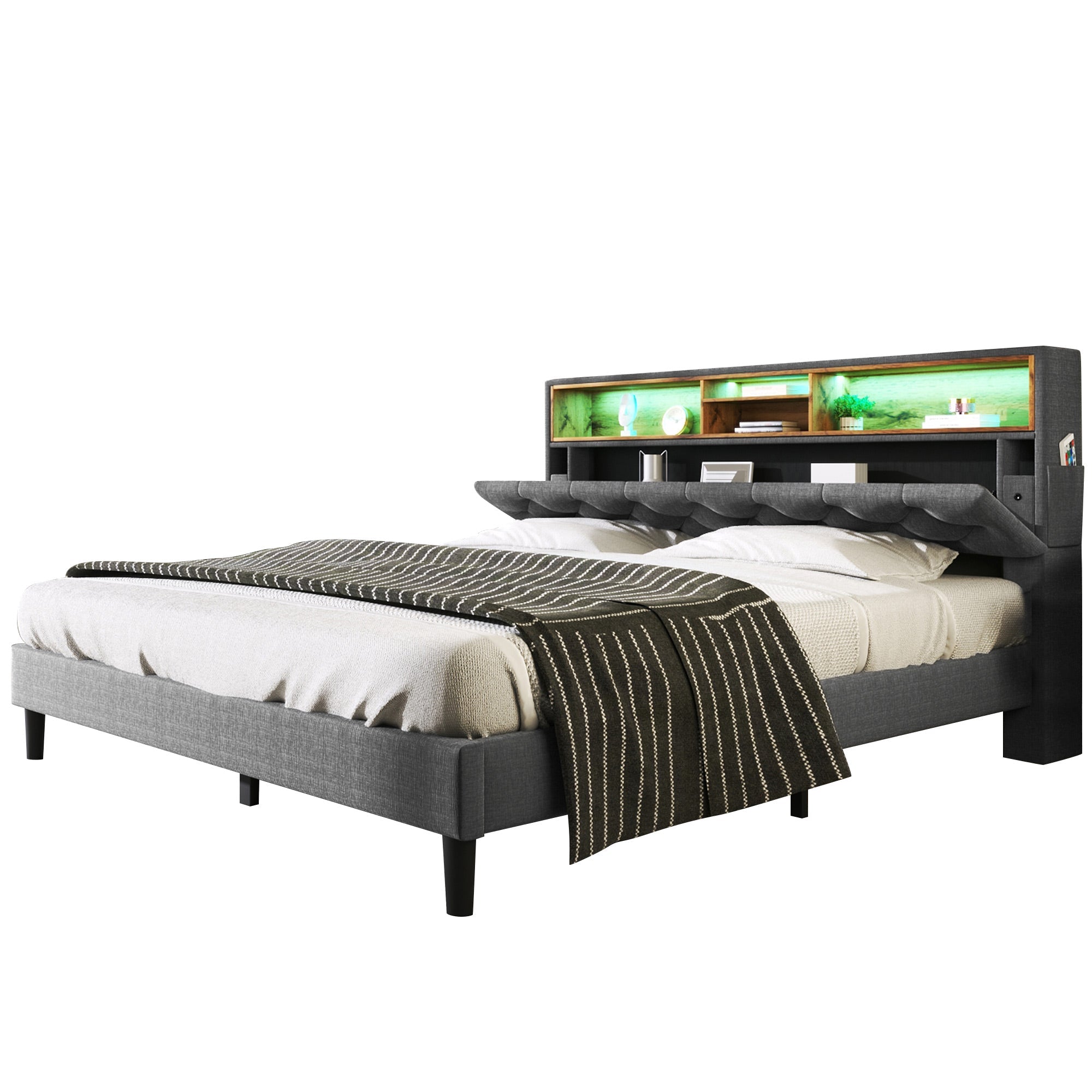 Logidon gestoffeerd tweepersoonsbed met opbergruimte hoofdbord LED grijs 140x200